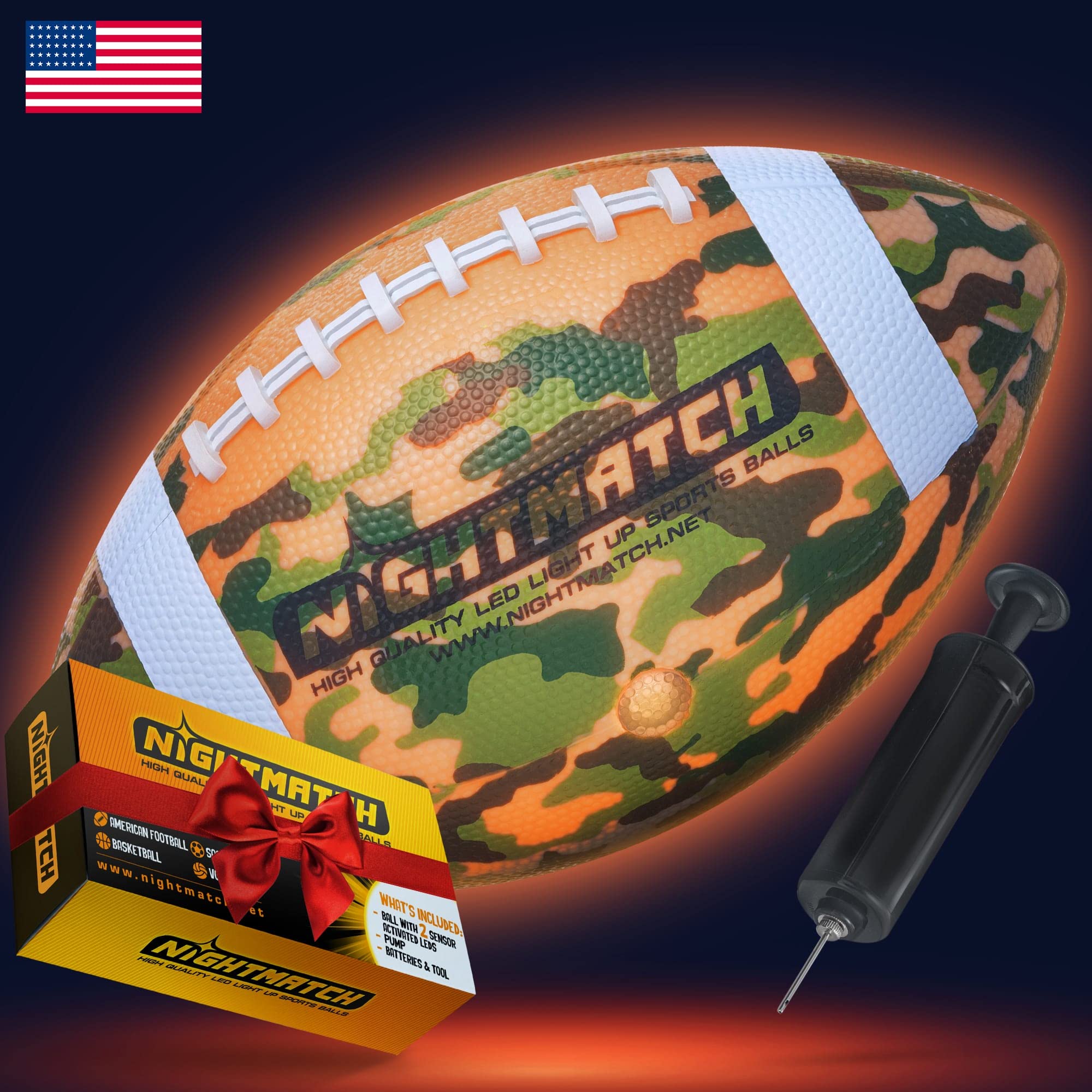 NIGHTMATCH Light Up LED Football - Glow in The Dark American Football for Night Games - Official Size 6 with Extra Pump & Batteries - Waterproof LED Football with 2 Bright LEDs - Perfect Birthday Gift for Boys & Teens - Great for Backyard Play, Camping & Beach Games