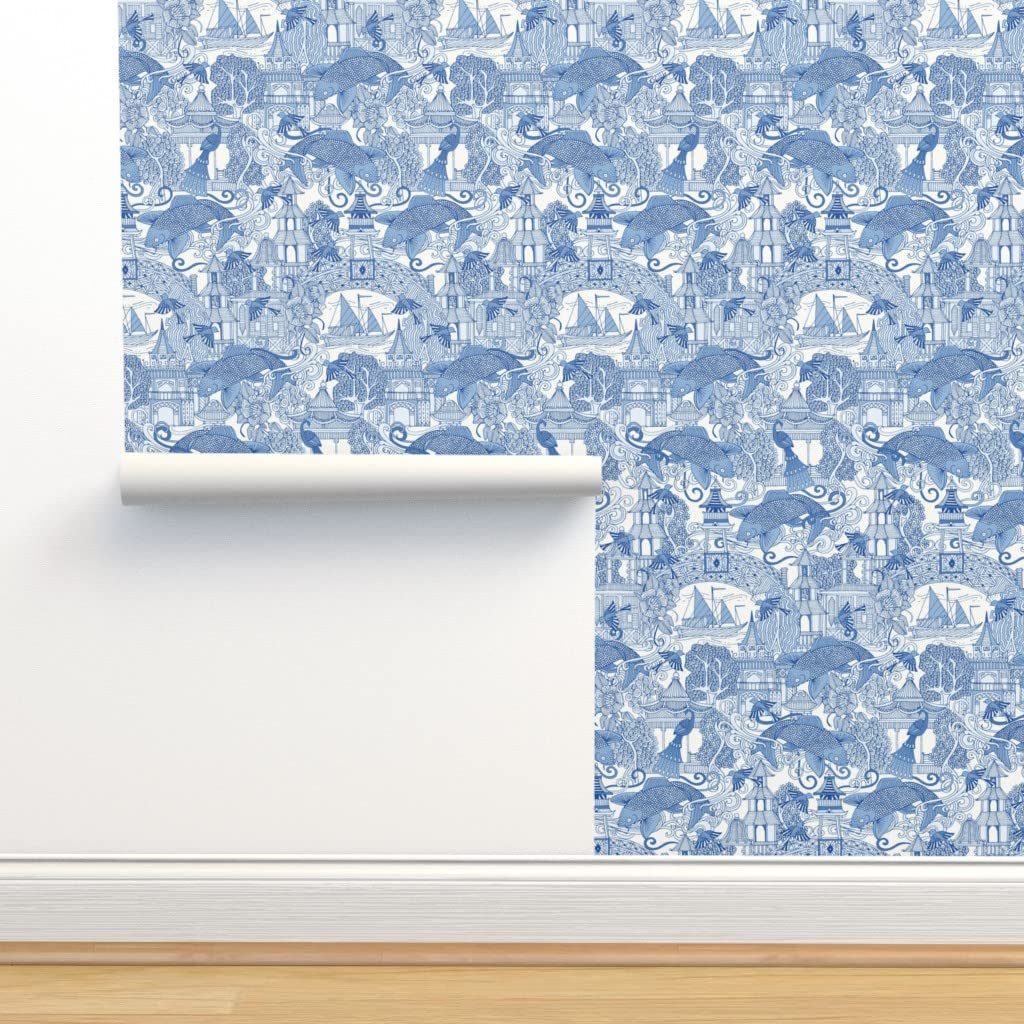 Peel & Stick Wallpaper 12ft x 2ft - Blue Chinoiserie Toile with Nature Birds & Chinese Peacock Design | French Koi Pattern | Removable Custom Wallpaper by Spoonflower | Perfect for Bedroom, Living Room & Nursery Decor