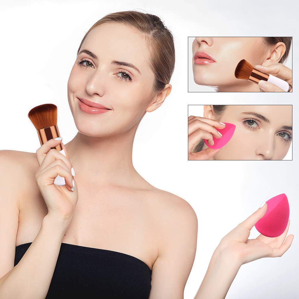 AVTY 4+1Pcs Makeup Sponges Set with Powder Brush | Foundation Blending Sponge for Liquid, Cream & Powder | Professional Beauty Sponge Blender & Brush Kit | Perfect for Daily Makeup & On-The-Go Touch Ups