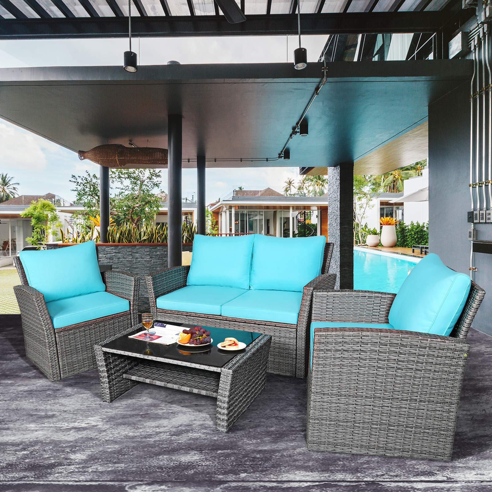Tangkula 4-Piece All-Weather Outdoor Patio Furniture Set - Wicker Rattan Sectional Sofa with Cushions & Tempered Glass Table - Turquoise Conversation Set for Backyard, Garden, Poolside, Deck & Patio Relaxation