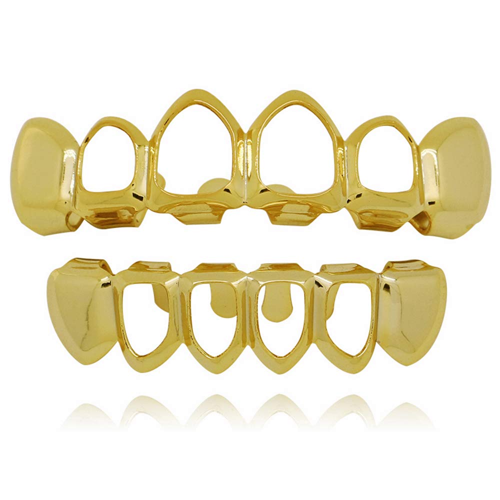 14K Gold & Silver Open Face Outline 6 Teeth Grillz with 2 Free Molding Bars - Hip Hop Jewelry for Rappers & Party Wear - Perfect for Concerts, Music Videos & Special Events