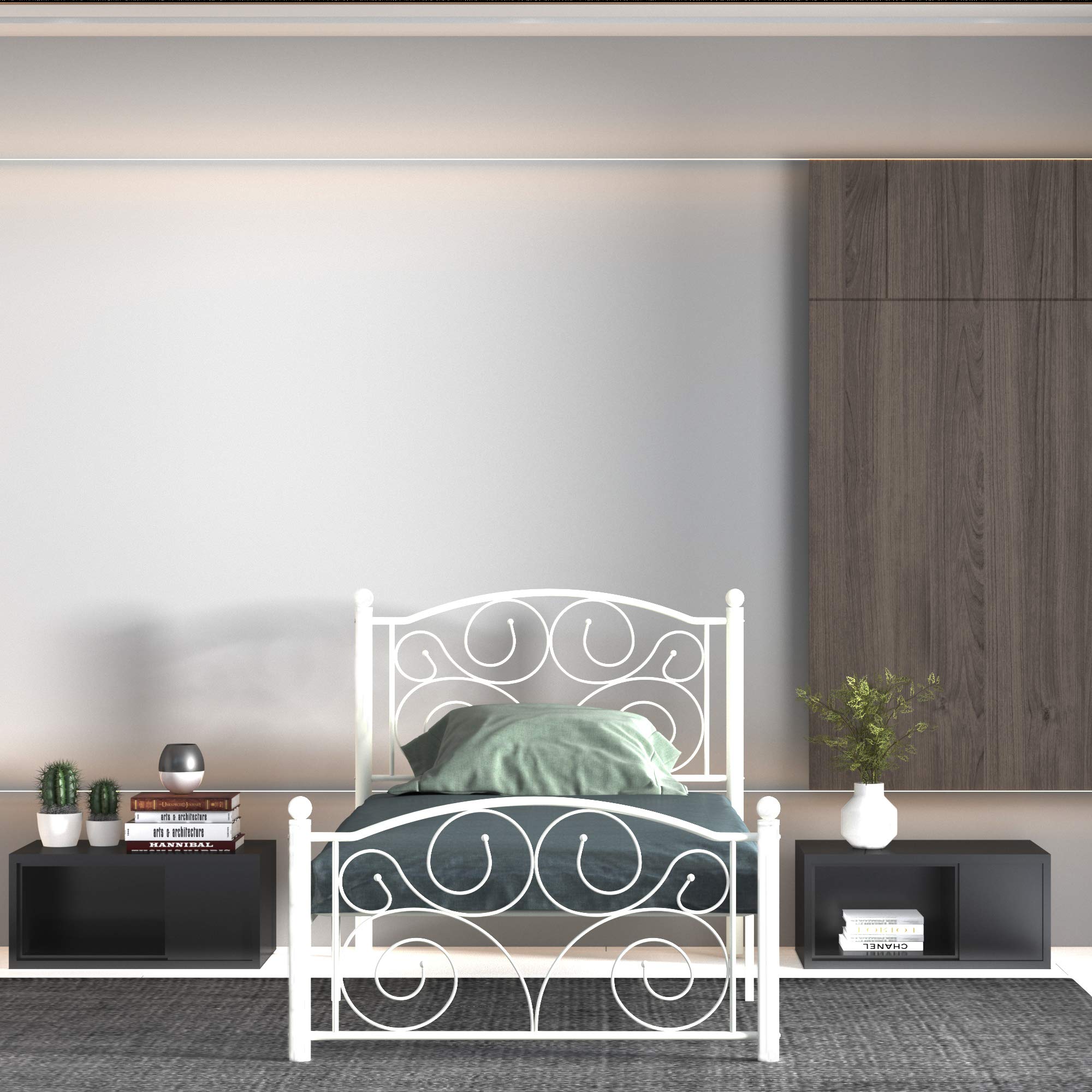 Vintage Metal Bed Frame with Headboard and Footboard - No Box Spring Needed, Easy Assembly, Twin Size, White - Perfect for Kids Rooms, Guest Bedrooms & Dorm Decor