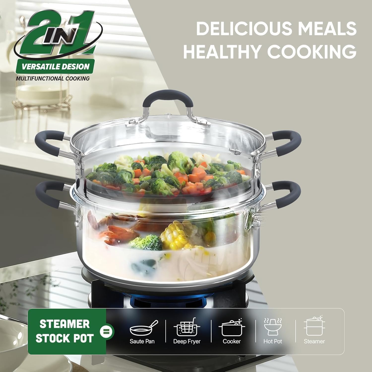 SUNHOUSE 3.3 Quart Stainless Steel Steamer Pot with Lid - 2-Tier Multipurpose Cookware for Vegetables, Dumplings, Sauces & More - Triple Bottom, Measurement Lines - Perfect for Home Cooking, Meal Prep & Healthy Eating