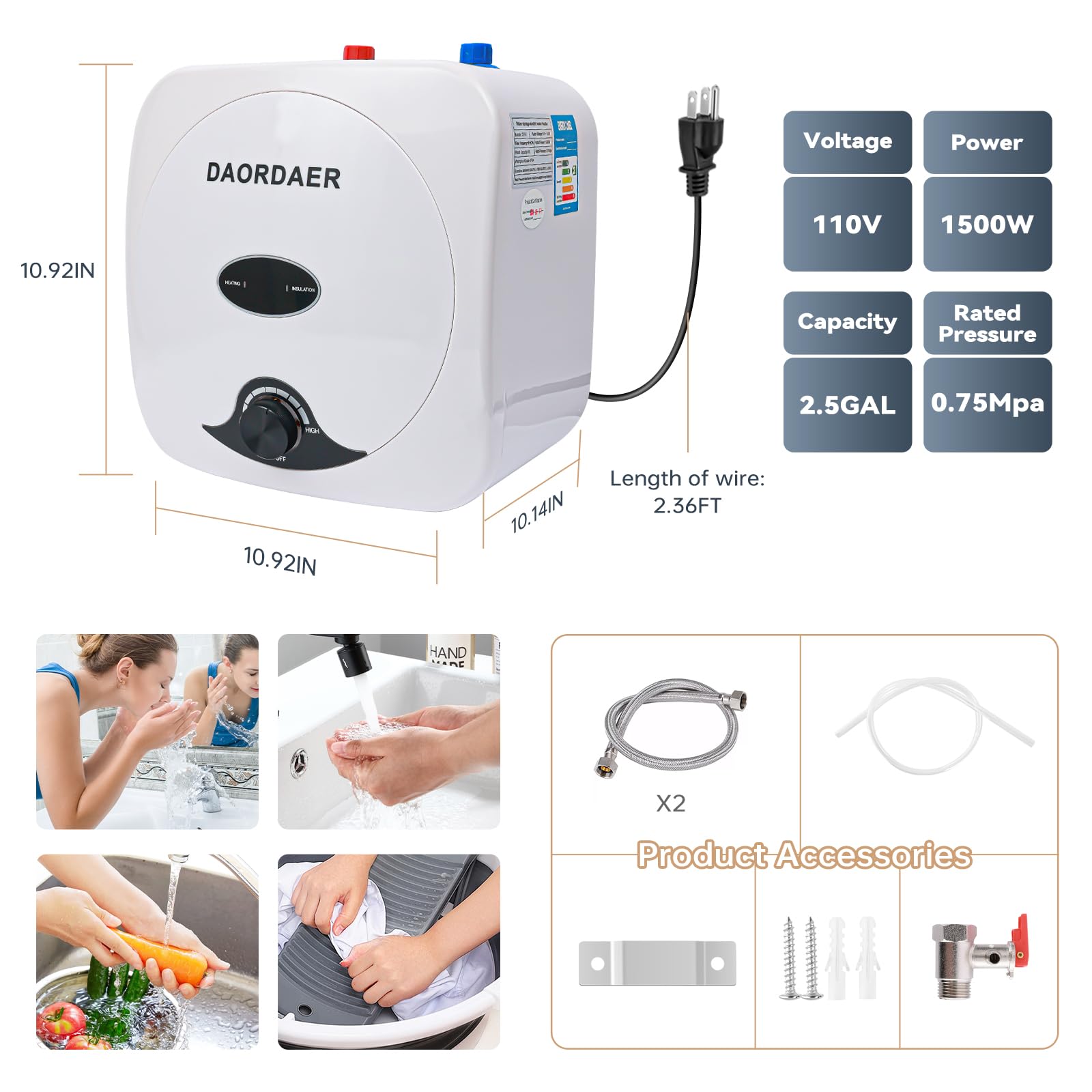 1.5kW Mini Tank Electric Water Heater - 2.5 Gallon Compact Under Sink Water Heater with Knob Temperature Control - 110/120V Instant Hot Water for Home Kitchen - Perfect for Small Spaces, RVs & Office Break Rooms (White)