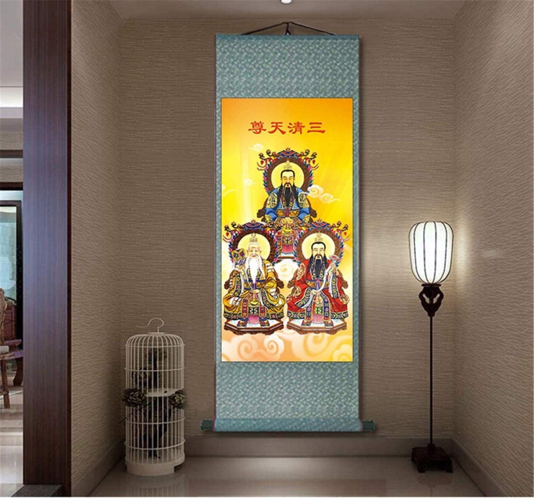 Authentic Chinese Taoist Landscape Scroll Painting - Handmade Silk Wall Art with Triple Purity Design, 12×31 Inch - Perfect for Home Decor, Meditation Rooms & Asian-Themed Interiors