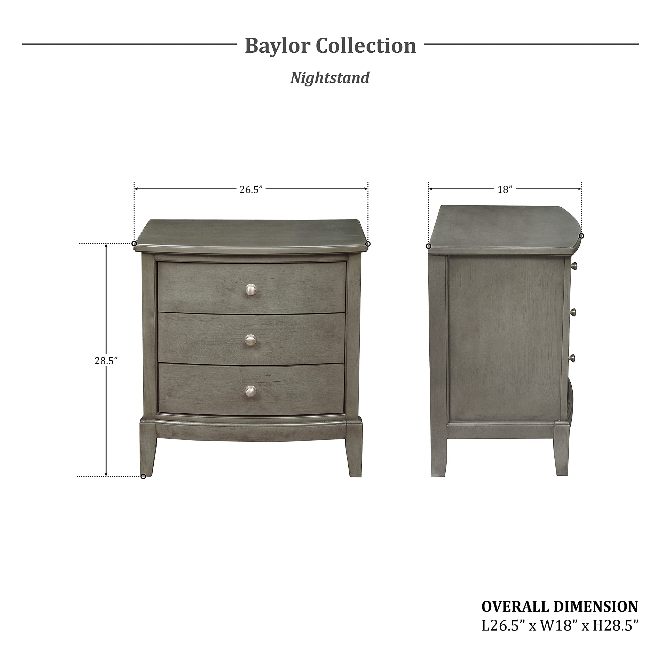 Lexicon Baylor 3-Drawer Nightstand, Gray - Modern Bedside Table with Storage for Bedroom, Living Room, or Guest Room