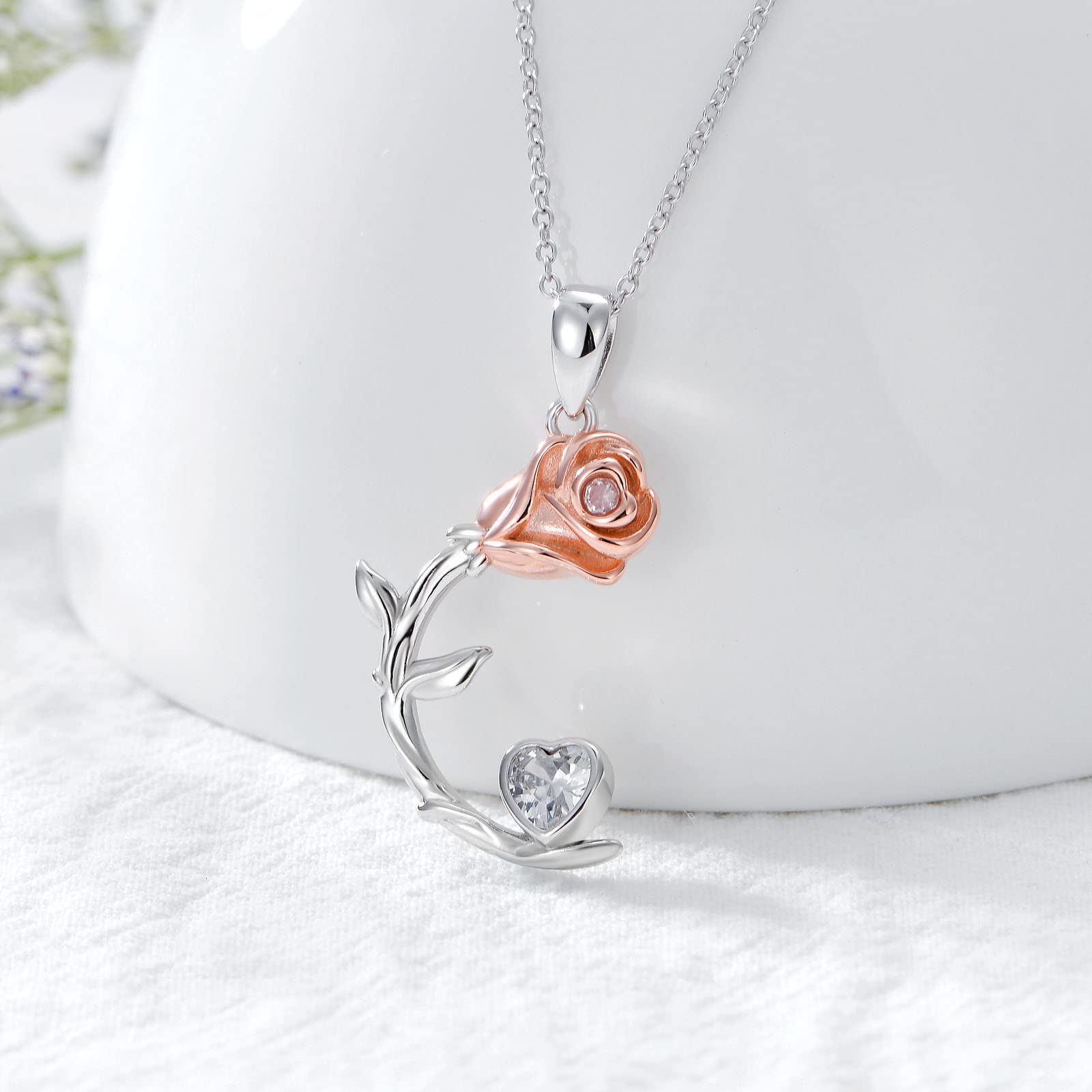 OCJ Rose Moon Necklace - 925 Sterling Silver Rose Pendant with Heart Birthstone, Elegant Jewelry for Women - Perfect Birthday & Christmas Gift for Her, Wife, Girlfriend - Ideal for Date Nights, Anniversaries & Special Occasions