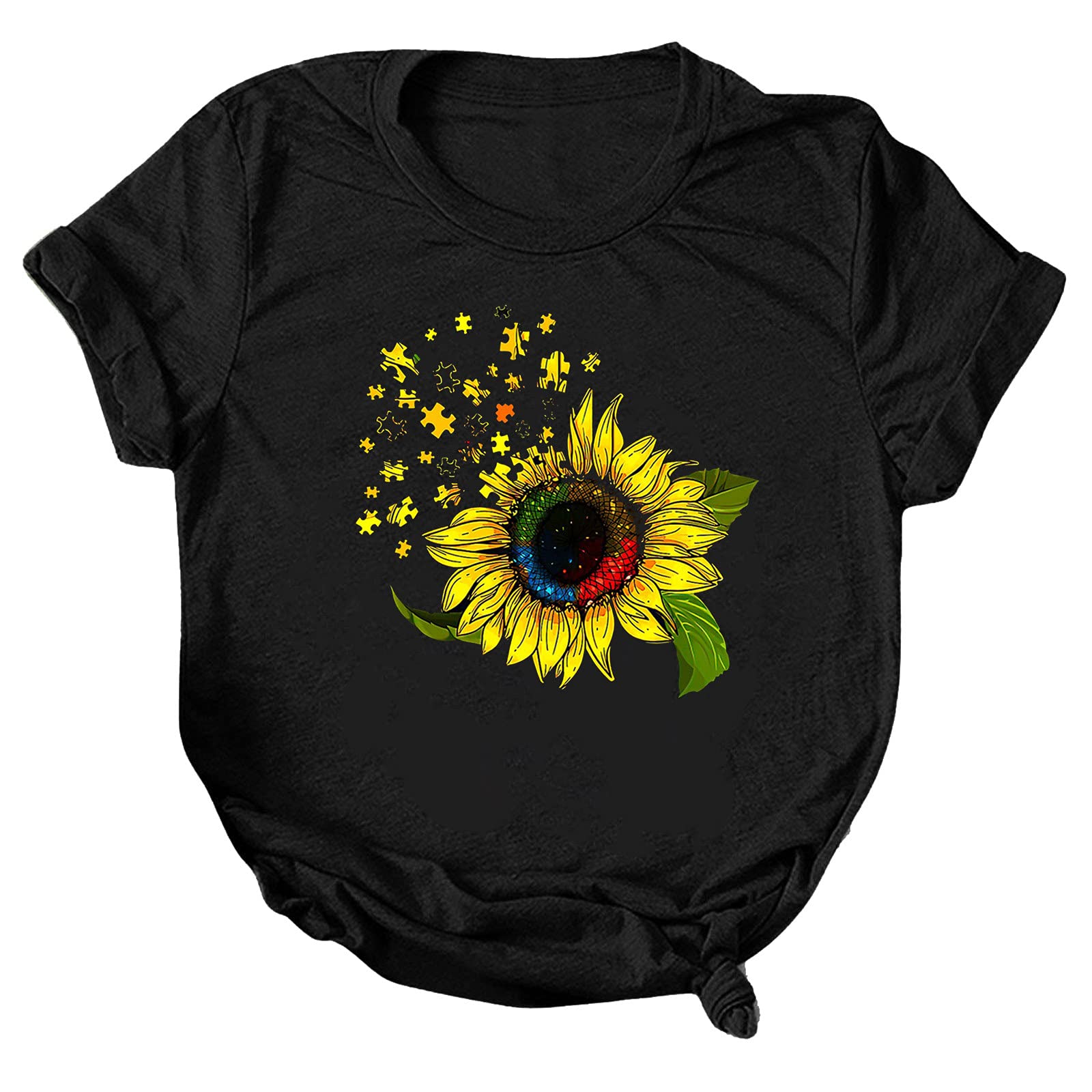 Women's Sunflower Print Casual T-Shirts - Fashion Blouses & Tops for Everyday Wear | Perfect for Work, Weekend Outings & Summer Activities