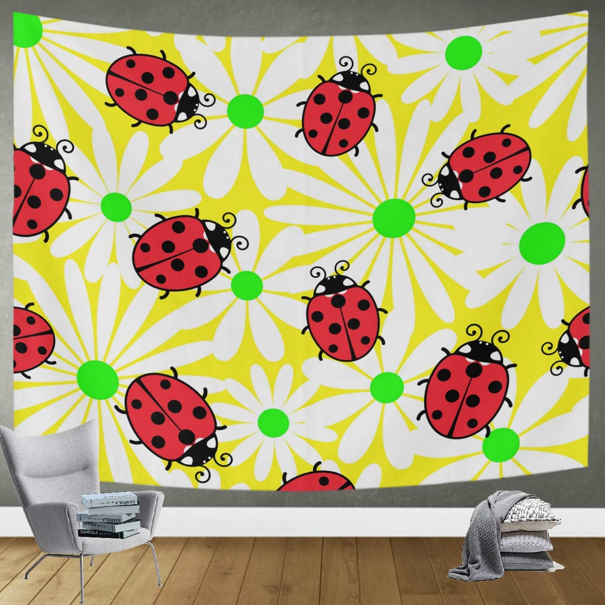 DOMIKING Ladybug Flowers Wall Tapestry - 60x51in Bohemian Home Decor for Bedroom, Living Room, Office | Trippy Hippie Wall Hanging Blanket for Aesthetic Room Decor & Festival Use