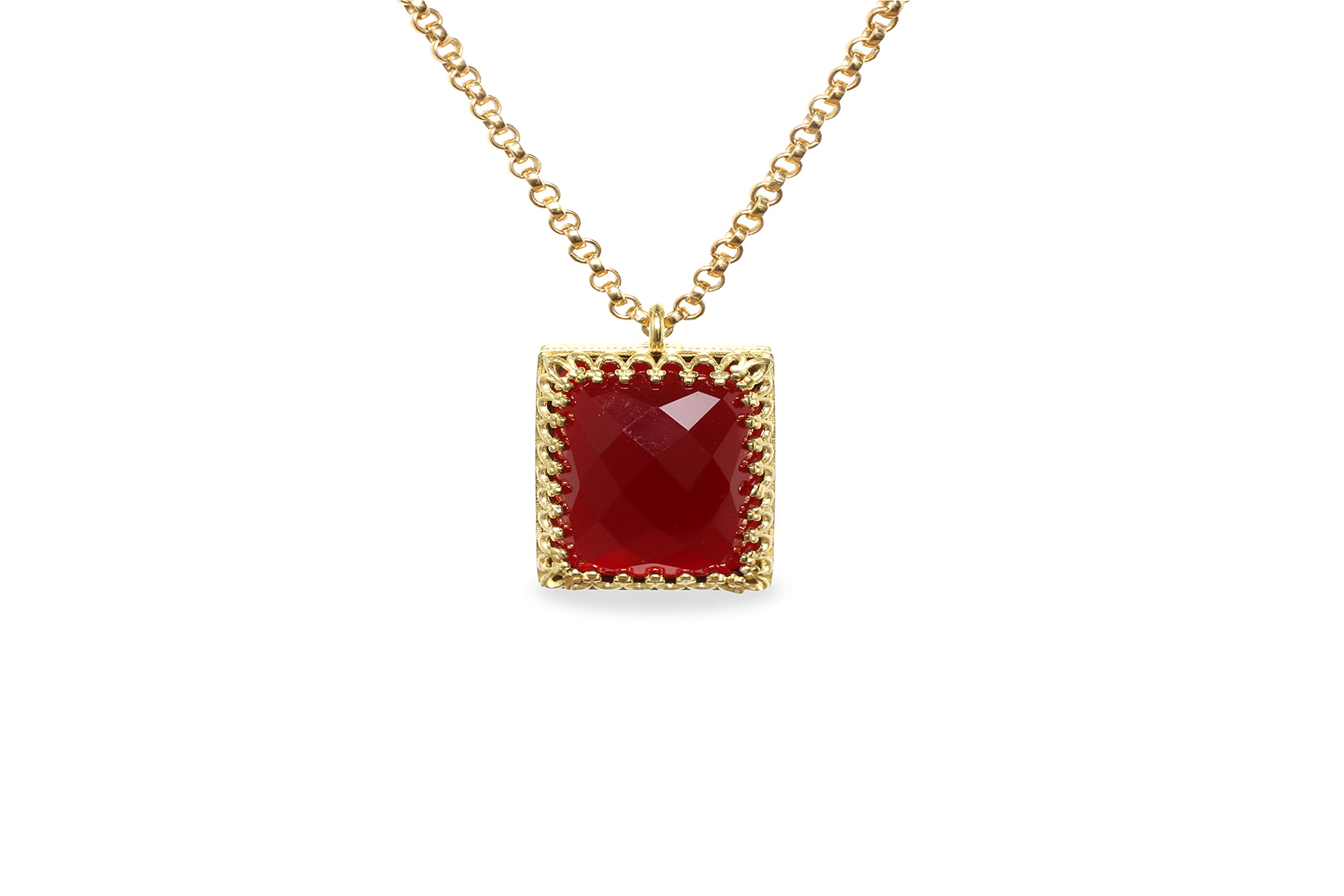 Radiant Garnet Gemstone Necklace - Elegant Square Cut Red Pendant Necklace for Women | January Birthstone Jewelry with Fine Engraving | Fashionable Statement Necklace for Date Night, Office Wear & Special Occasions