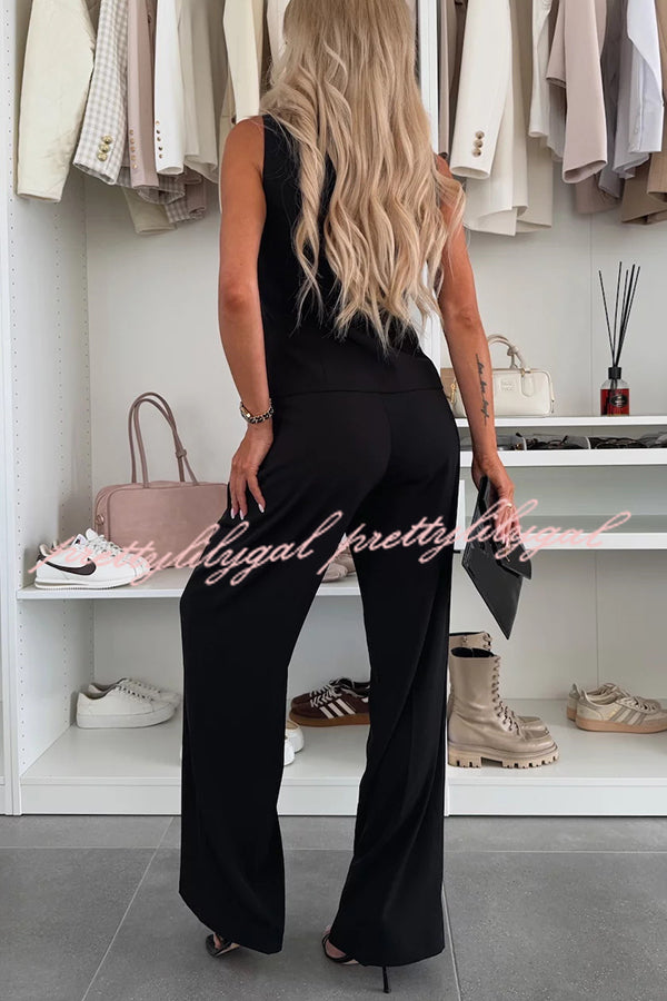 Stylish Women's Sleeveless Button Vest & Relaxed Pocket Wide Leg Pants Set - Office Workwear & Business Casual Outfit for Professional Women