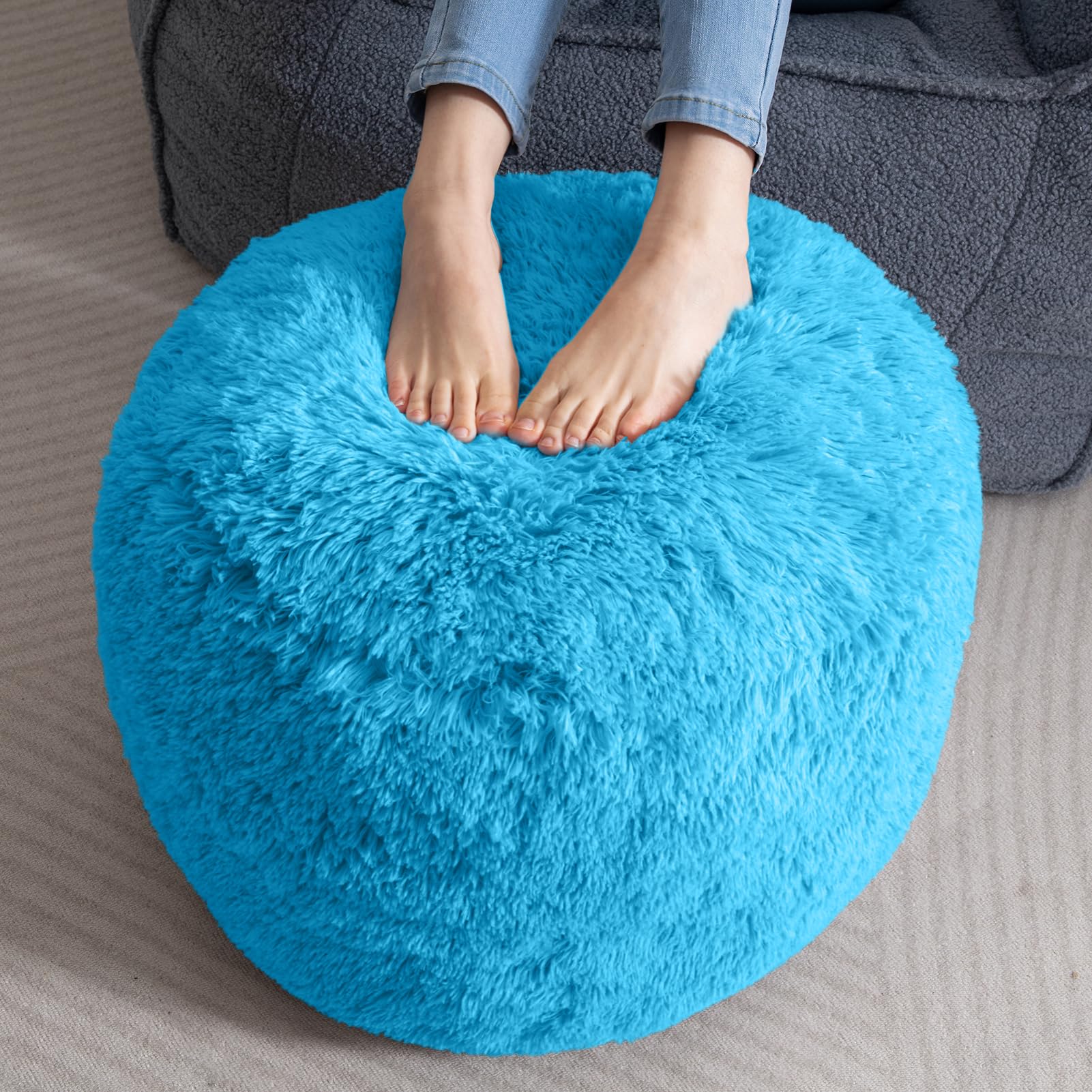 MAXYOYO Round Stuffed Pouf Ottoman - Long Faux Fur Footrest with Foam Chunk Filling, Blue - Perfect for Living Room, Bedroom & Nursery Decor