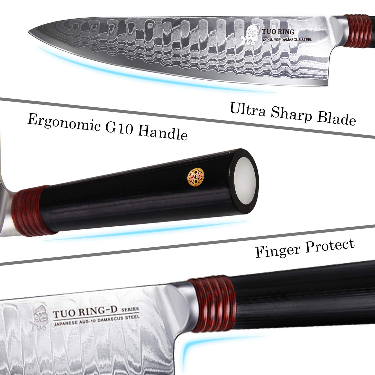 Premium TUO Damascus Kitchen Knife Set - 3-Piece Japanese AUS-10 High Carbon Stainless Steel (8