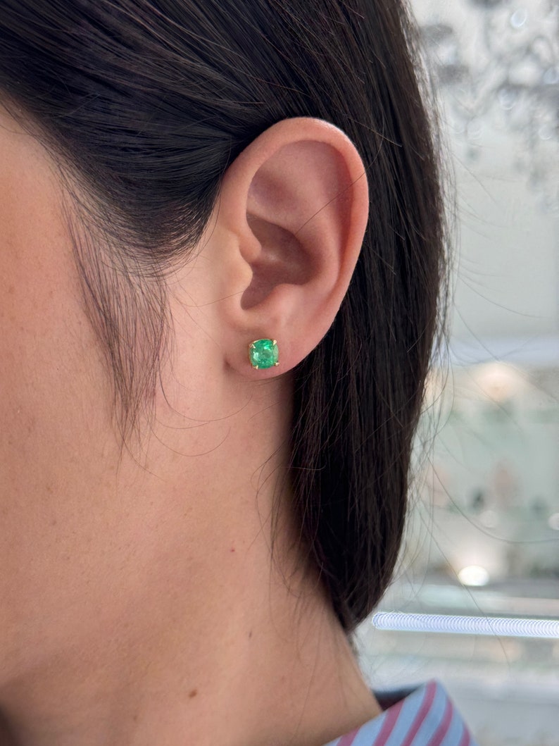 2.41tcw 14K Gold Vivid Green Emerald Cushion Cut Stud Earrings for Women - Luxury Birthstone Jewelry Gift for Mother's Day, Anniversary & Special Occasions