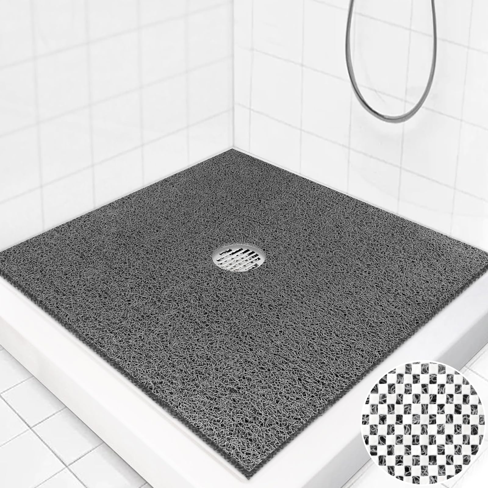 Non-Slip 36x36 Inch Square Shower Mat with Drain Hole - Extra Large Loofah Bath Mat for Shower Stall, Bathroom Floor & Tub - Anti-Slip Shower Floor Mat for Safety & Comfort