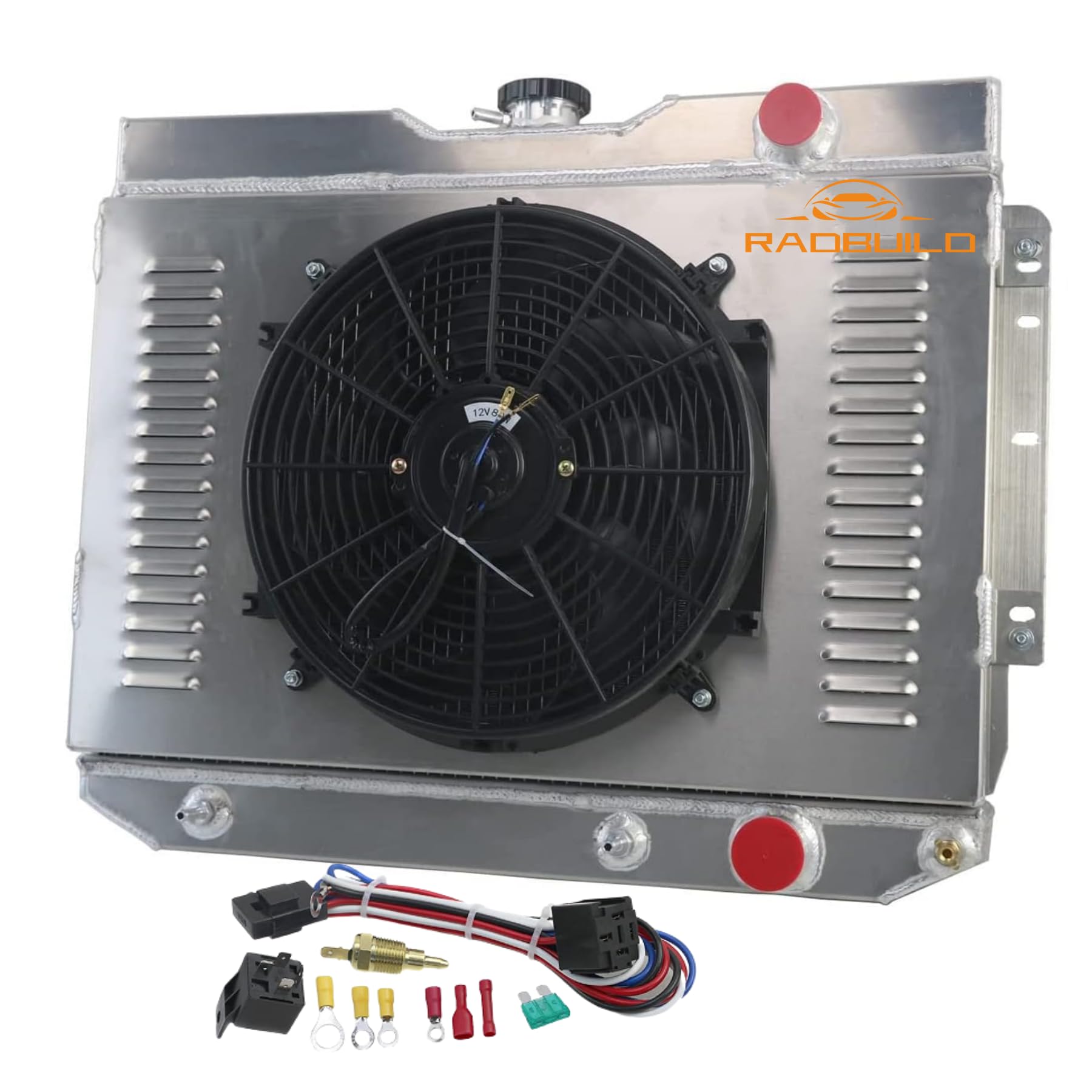 CU281 4-Row Aluminum Radiator for 1959-1965 Chevy Bel Air/Impala/El Camino/Biscayne V8 - High Performance Cooling System with Shroud & Fan Relay Kit - Perfect for Classic Car Restoration & Hot Rod Upgrades