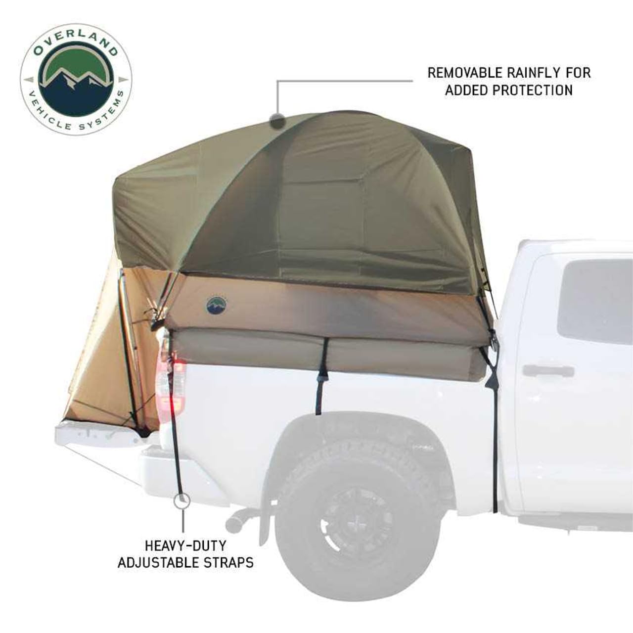 Overland Vehicle Systems LD TACT Truck Bed Tent - Waterproof Camping Tent for Pickup Trucks with Tan Body & Green Rainfly - Perfect for Outdoor Adventures, Camping Trips, and Off-Road Excursions