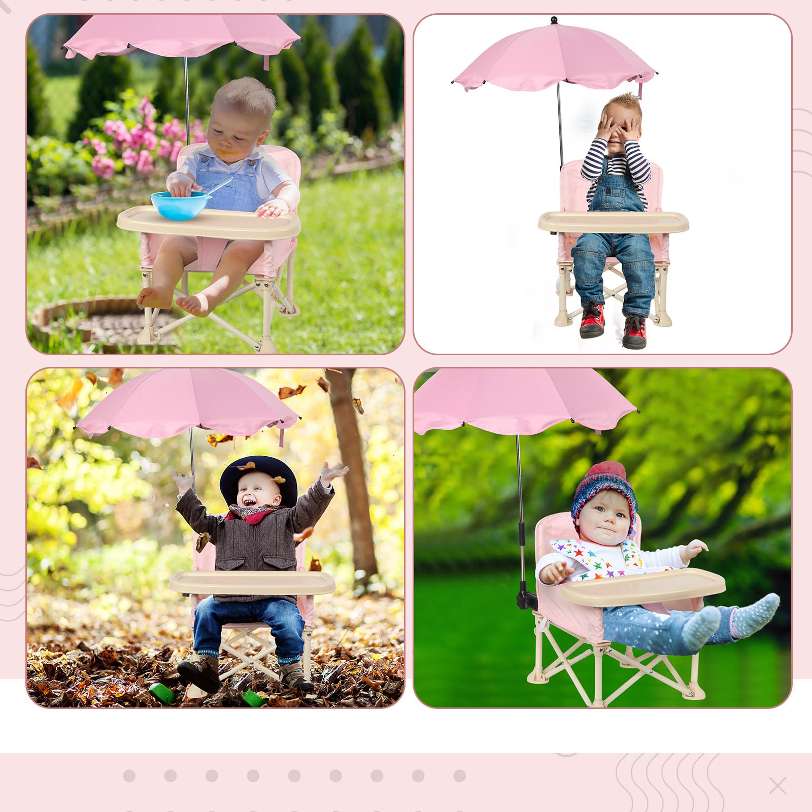 Portable Baby Beach Chair with Umbrella & Tray - Compact Folding Travel Booster Seat for Outdoor Dining, Camping & Beach Trips - Includes Storage Bag & Backrest Pocket - Perfect for Toddlers at Picnics, Parks & Family Vacations