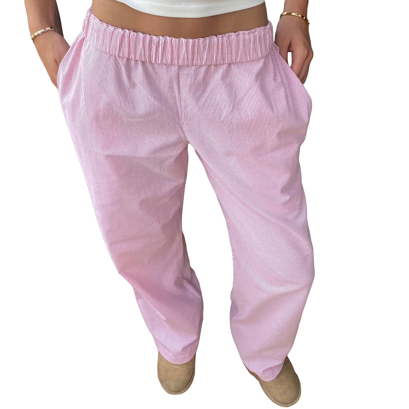 Tsultryofs Women's Striped High Waist Wide Leg Pants - Y2K Fashion Elastic Waistband Casual Lounge Pants for Women | Perfect for Work, Travel & Relaxing at Home