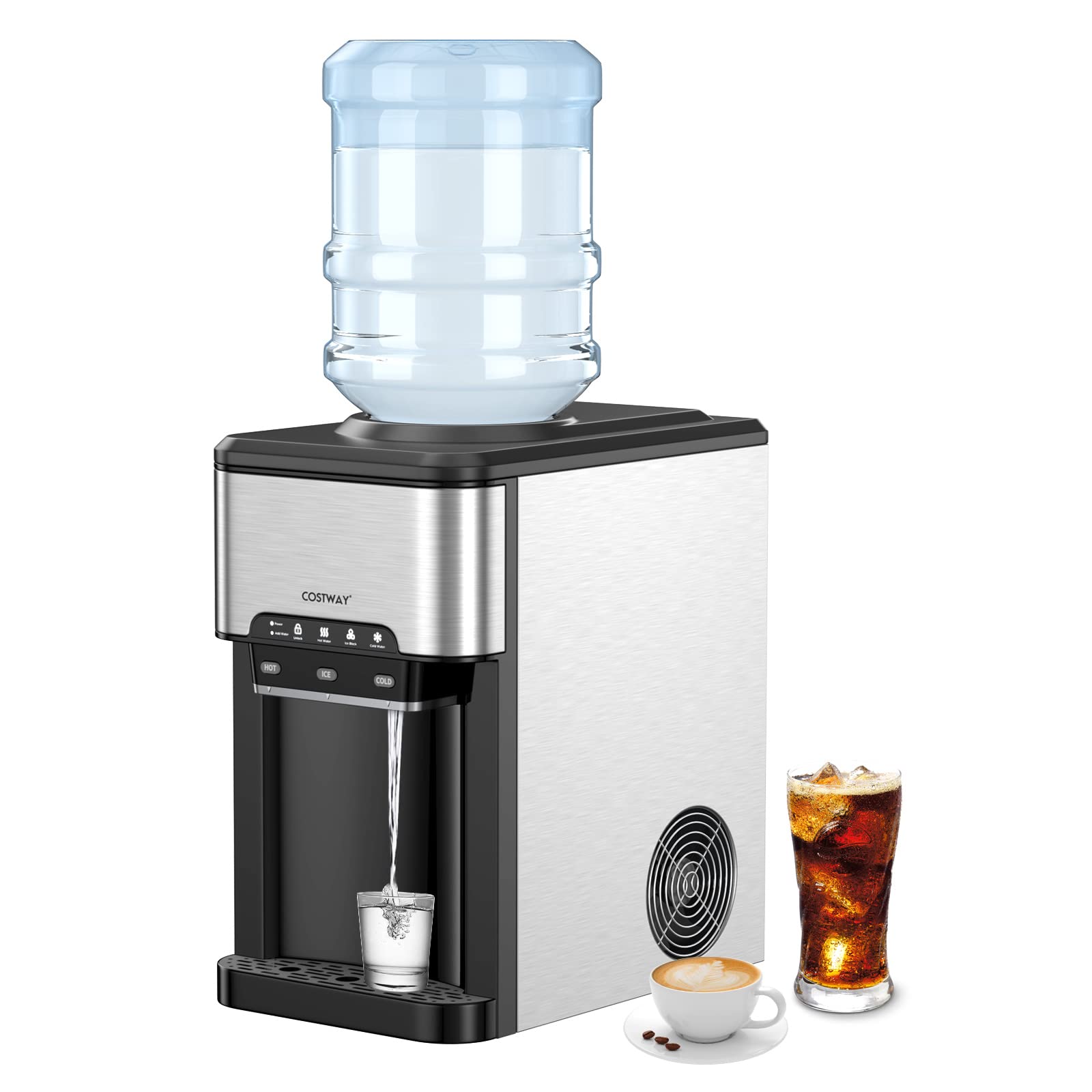 COSTWAY 3-in-1 Countertop Water Dispenser with Ice Maker | 3-5 Gallon Bottle Capacity | Hot & Cold Water Cooler | Safety Lock | 48Lbs/24H Ice Production | 12 Cubes, 4Lbs Storage Basket | Ideal for Home, Office, and Kitchen Use