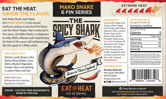The Spicy Shark Mako Snake Hot Sauce - Extreme Heat Ghost Pepper & Carolina Reaper Blend - Featured on Hot Ones Show - Perfect for Wings, Tacos, Burgers & Spicy Food Challenges