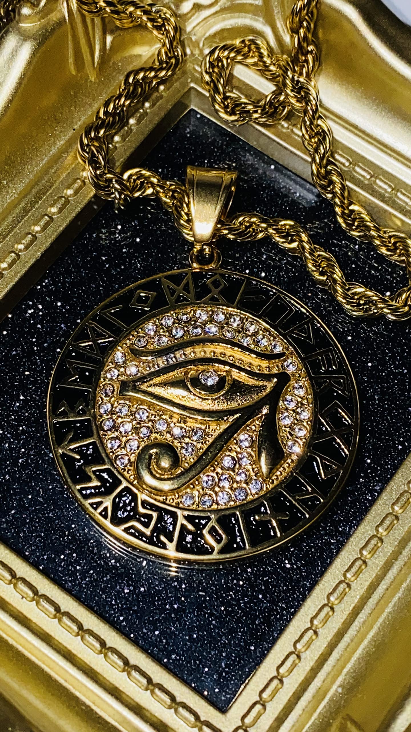 Egyptian Eye of Horus Evil Eye Protection Pendant Necklace - 14k Gold Finish Stainless Steel with 3mm Rope Chain for Men & Women - Ancient Symbol Jewelry for Spiritual Protection, Fashion Accessory, and Gift Idea - Perfect for Everyday Wear, Meditation, and Warding Off Negative Energy