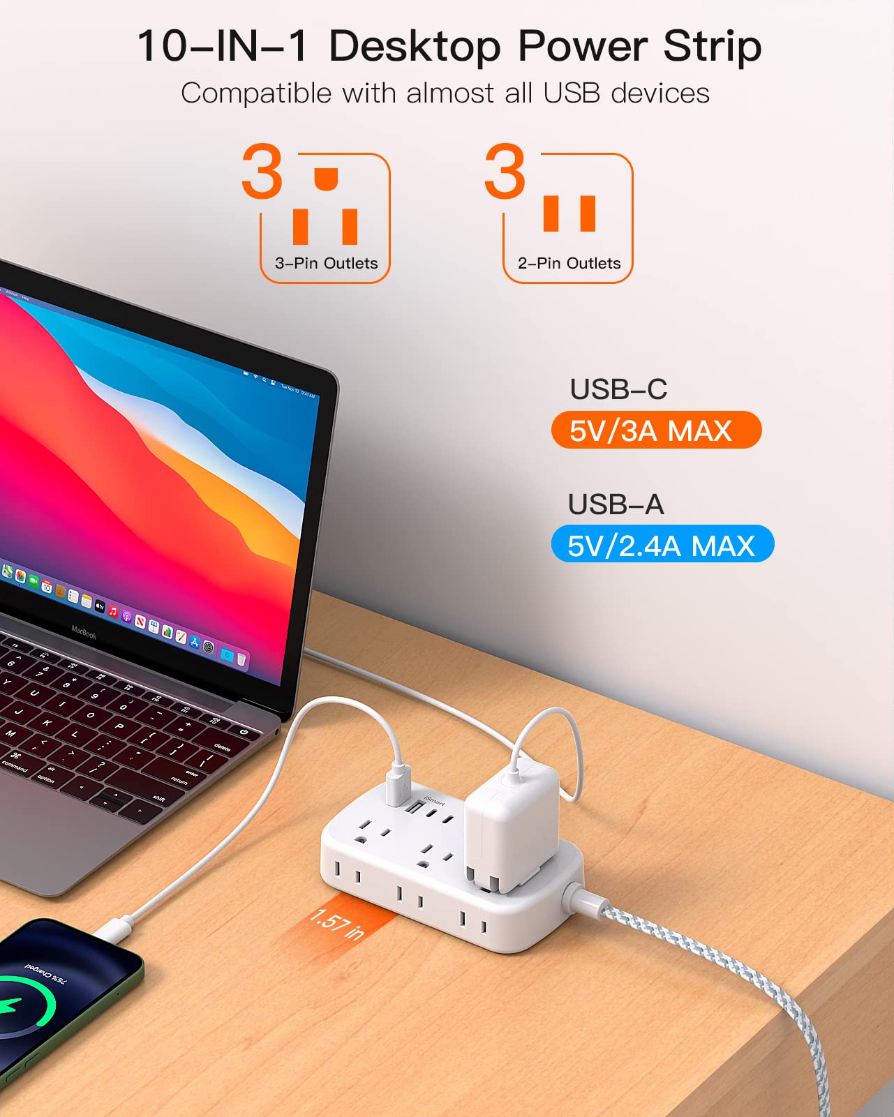 5FT Flat Plug Extension Cord with 6 Outlets & 4 USB Ports (2 USB C) - Cruise Ship, Dorm Room Travel Essentials - Perfect for Charging Multiple Devices On The Go