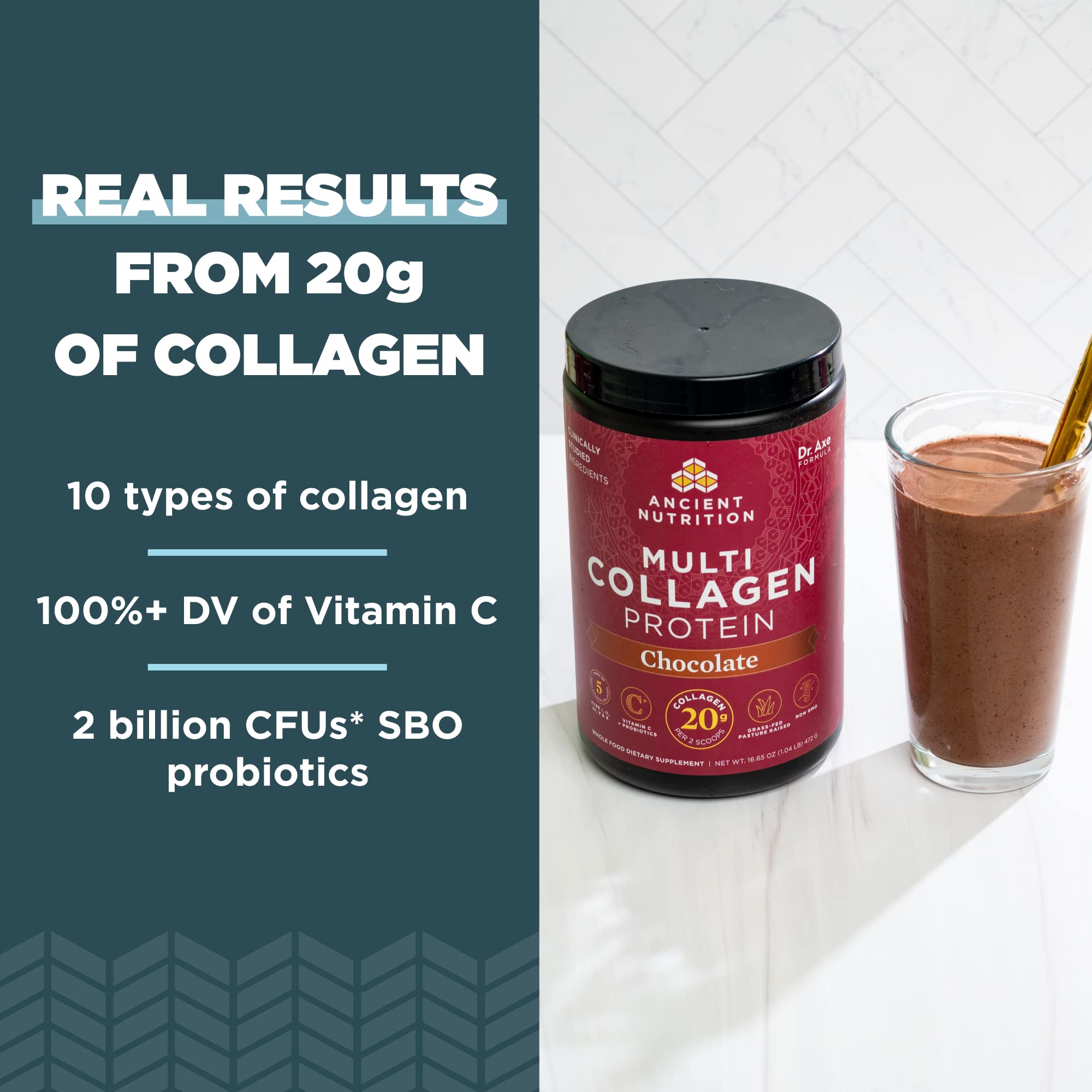 Ancient Nutrition Multi Collagen Protein Powder - Chocolate Flavor, 16.65oz (45 Servings) with Hydrolyzed Collagen Peptides & Vitamin C for Skin, Nails & Gut Health | Supports Joint Recovery, Post-Workout Muscle Repair & Healthy Aging