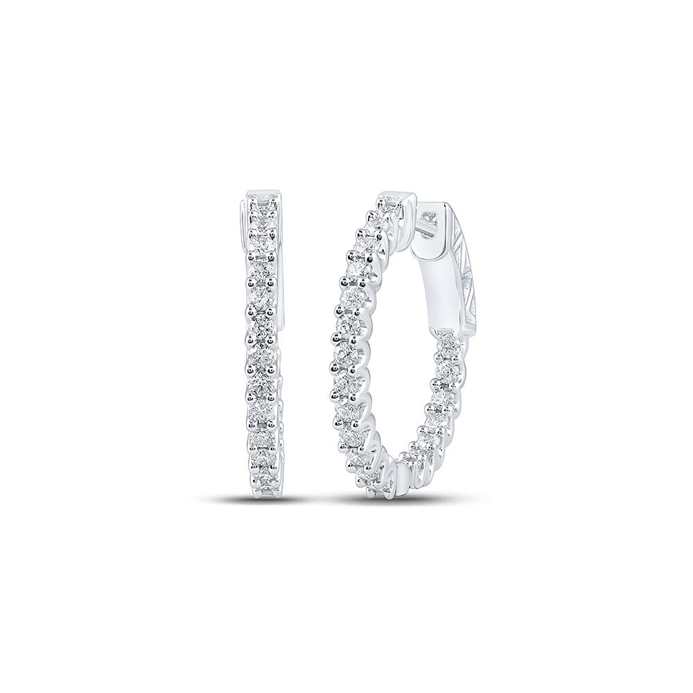10K White Gold Round Diamond Hoop Earrings for Women - 1 CTTW Inside-Out Design, Perfect for Everyday Wear, Parties & Special Occasions