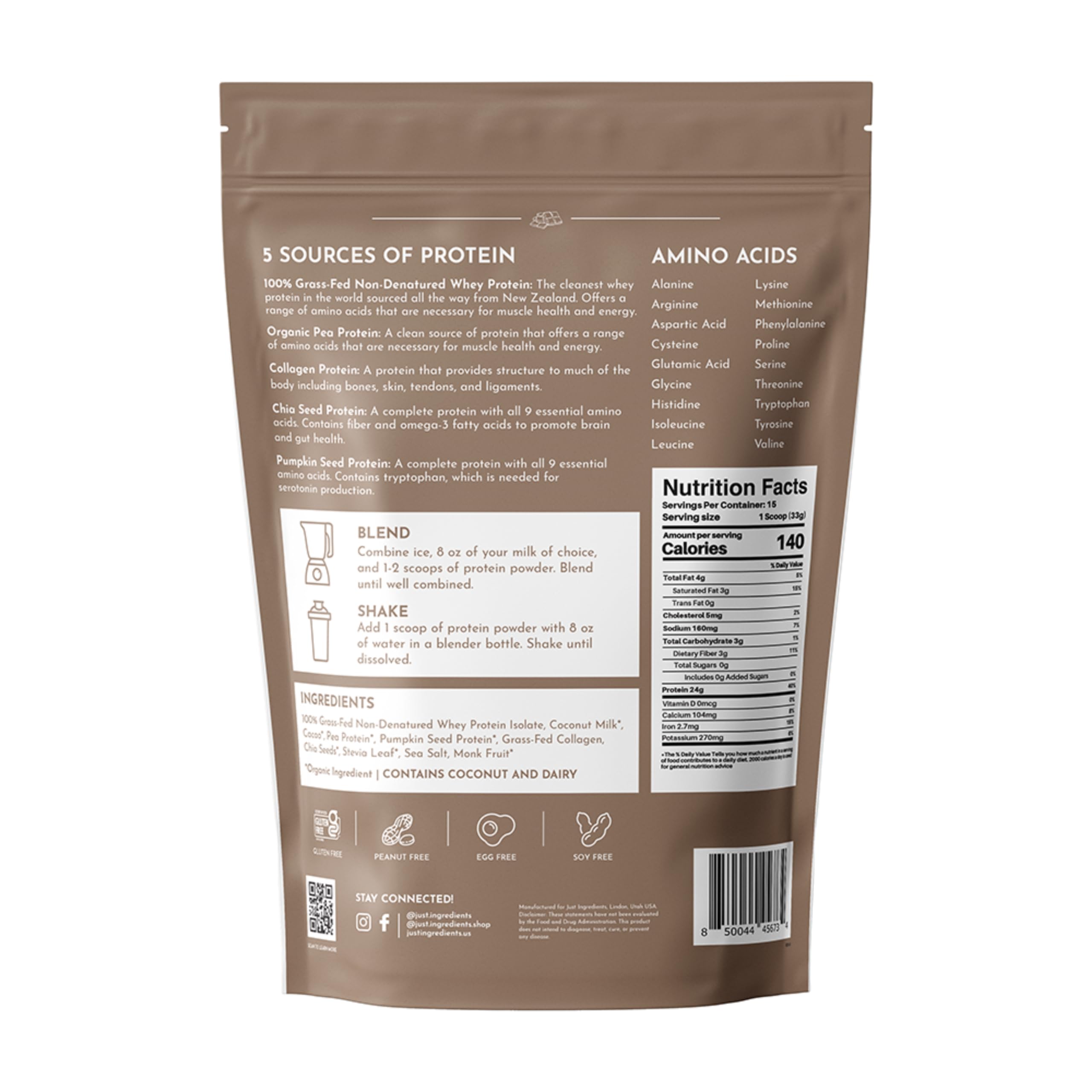 JUST INGREDIENTS Organic Whey Protein Powder - 24g Grass-Fed Protein per Serving, Chocolate Flavor (15 Servings) | Non-Denatured, 5 Whole Food Sources | Perfect for Post-Workout Recovery & Muscle Building