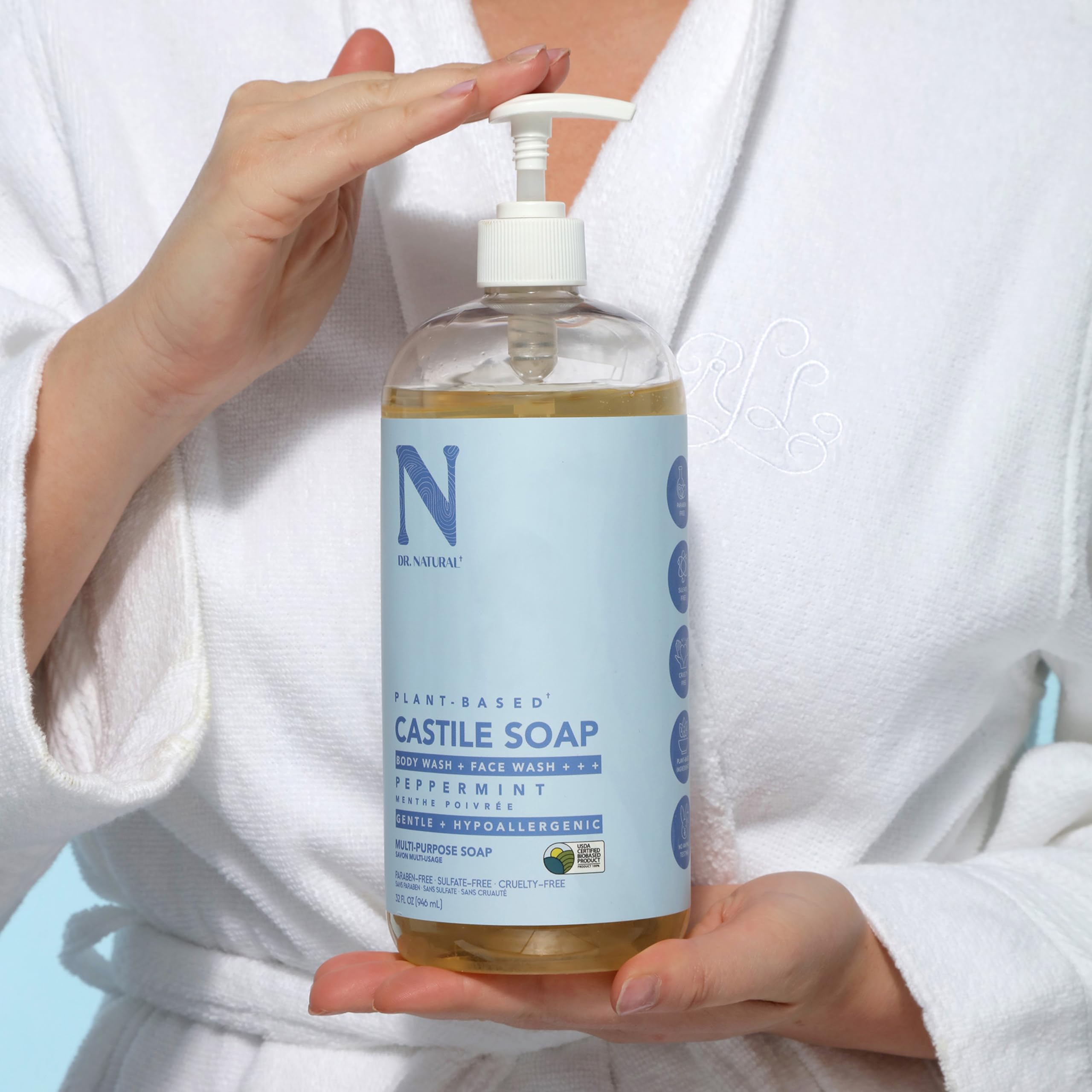 Dr. Natural Castile Liquid Soap Set - Organic Multi-Purpose Body Wash, Shampoo & Facial Cleanser - Hydrating for Skin, Hair, Pets & Home - Peppermint & Fragrance-Free Baby Safe - 32oz - Perfect for Travel, Camping & Eco-Friendly Household Use