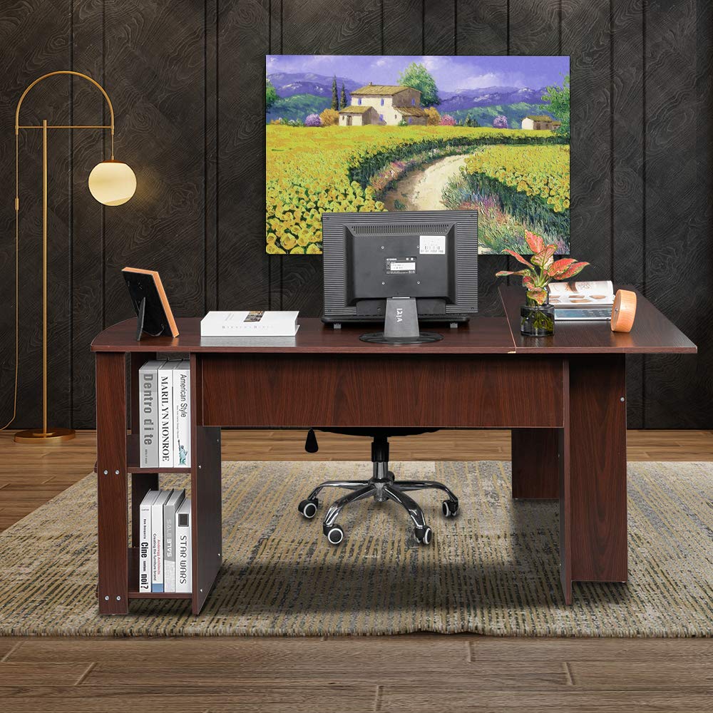 L-Shaped Computer Desk with Two-Tier Bookshelves - Dark Brown Wood Right-Angle Office Desk for Home & Workspace - Perfect for Small Spaces, Gaming Setup & Home Office Organization