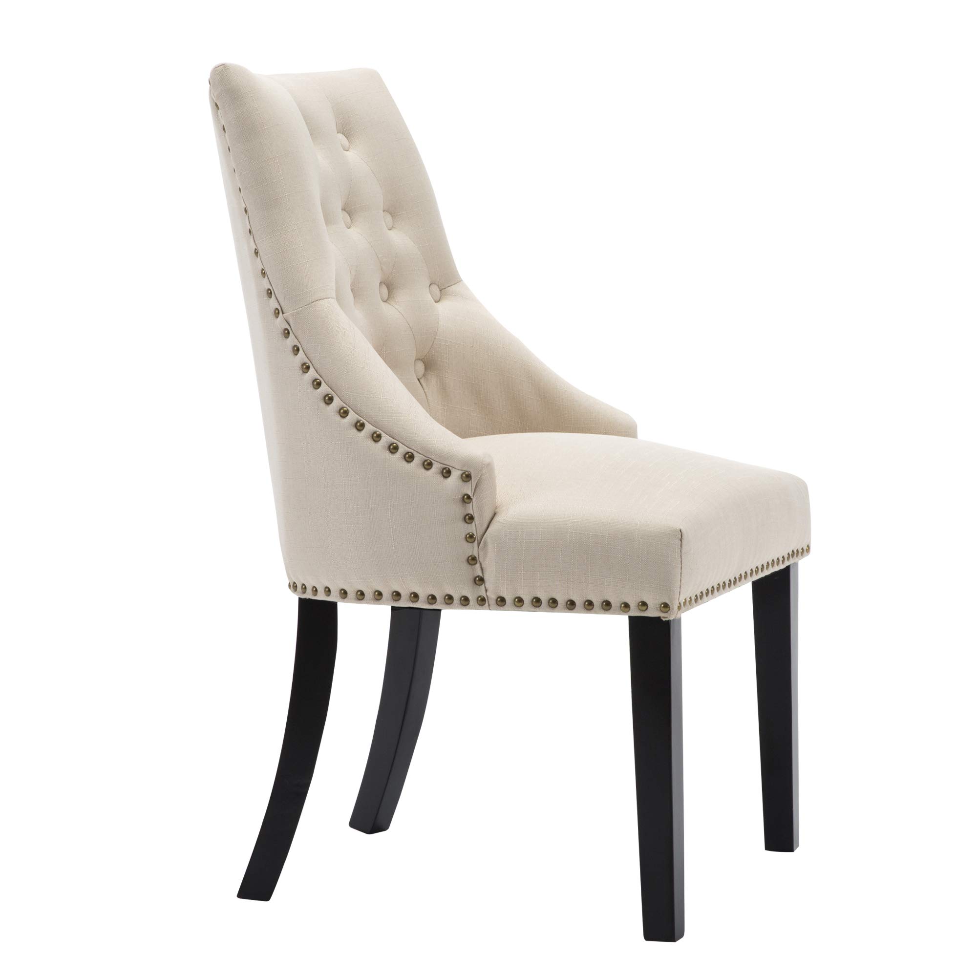 LSSBOUGHT Set of 2 Tufted Upholstered Dining Chairs with Padded Studded Design & Solid Black Wood Legs - Accent Armchairs for Living Room, Kitchen, Bedroom - Perfect for Home Decor, Dining Sets & Cozy Seating (Beige)