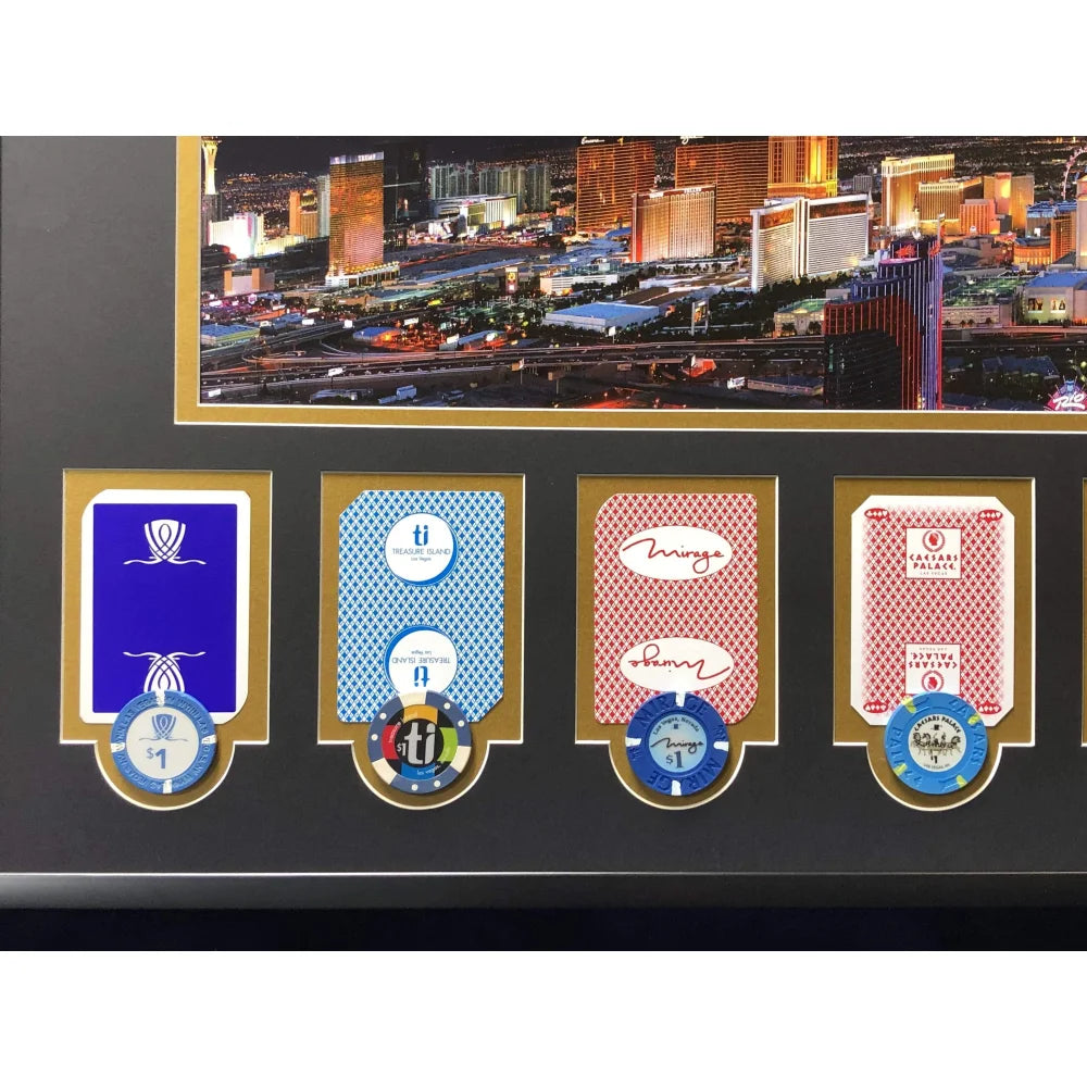 Authentic Las Vegas Hotel Casino Playing Cards & Poker Chips Collage - Framed Wall Art for Game Room Decor (Set of 10) - Perfect for Poker Lovers, Man Cave, and Casino Themed Home Decor