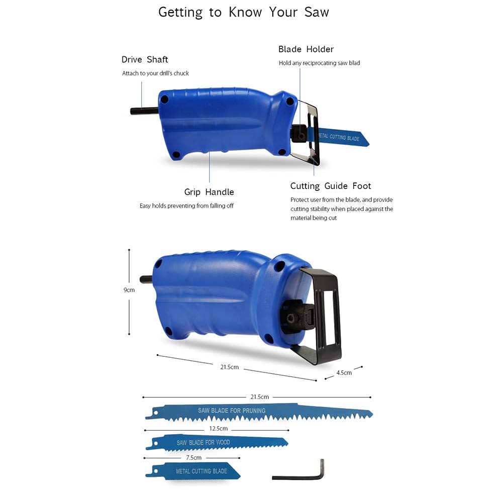3-Blade Reciprocating Saw Attachment for Electric Drill - Portable Power Tool Accessory for Wood & Metal Cutting, Pruning (Blue) - Ideal for DIY Projects, Home Renovation & Construction Work