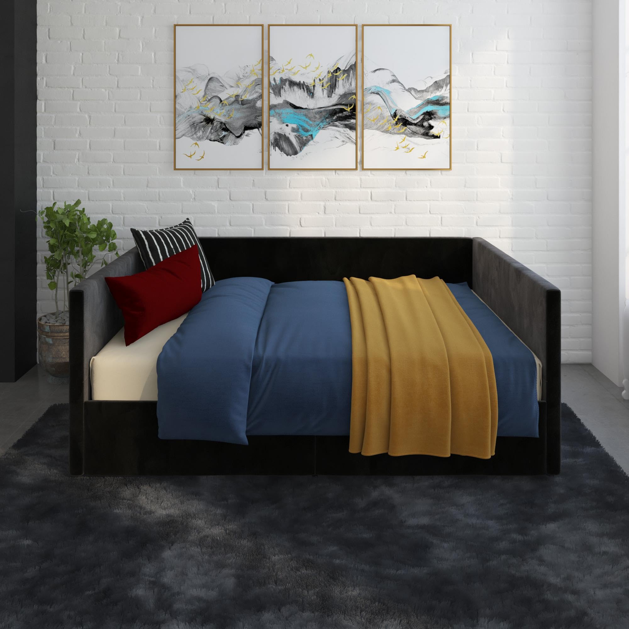 DHP Theo Full Size Daybed with Storage Drawers - Black Velvet Upholstered Sleeper Sofa for Guest Room, Dorm & Small Space Living