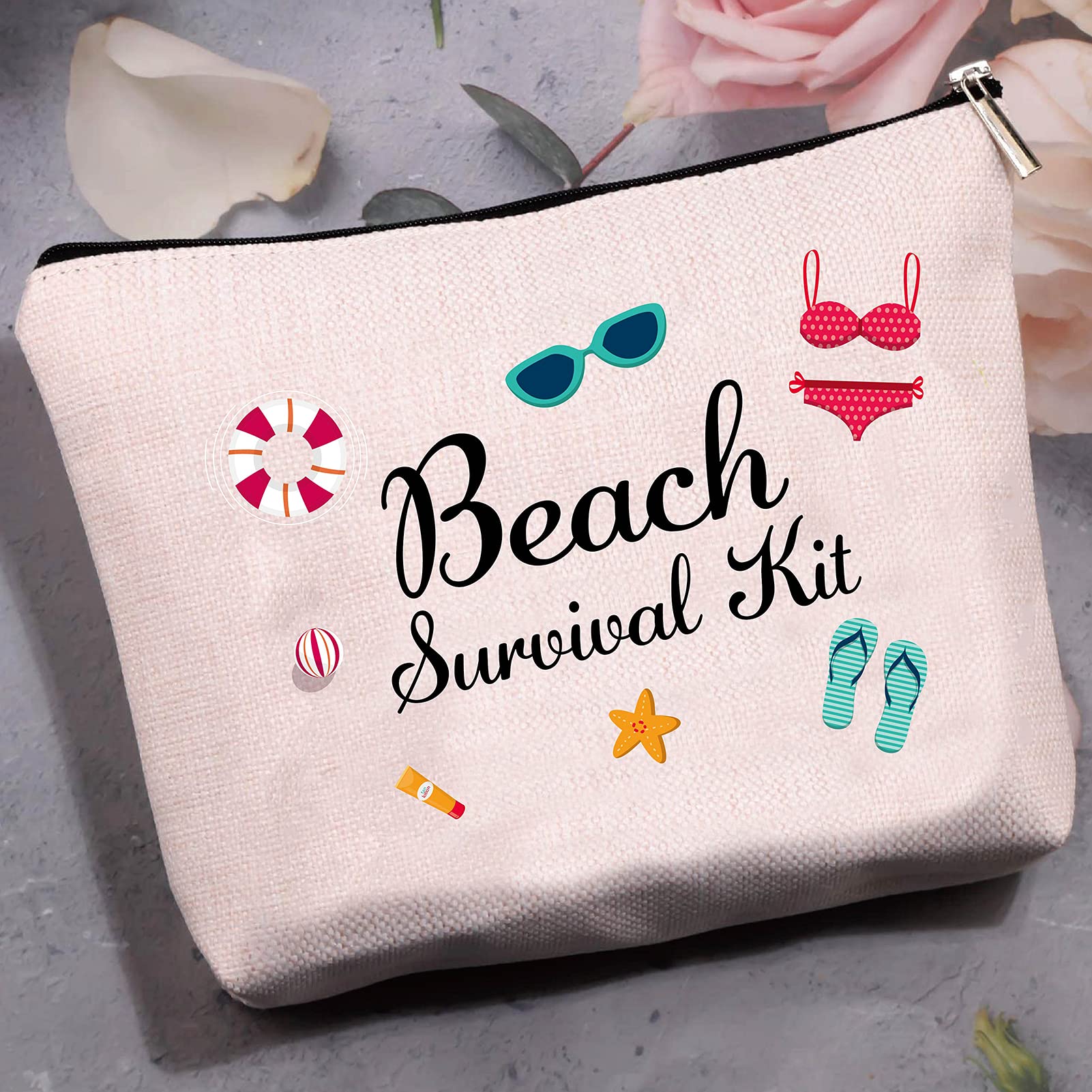 CREATCABIN Canvas Makeup Bag - Printed Cosmetic Organizer, Beach Survival Kit, DIY Craft Pouch with Zipper | Toiletry Bag for Women | Holds Keys, Headphones, Lipstick, Cards & Pens | 10x7 Inch | Perfect for Travel, Gym & Daily Essentials