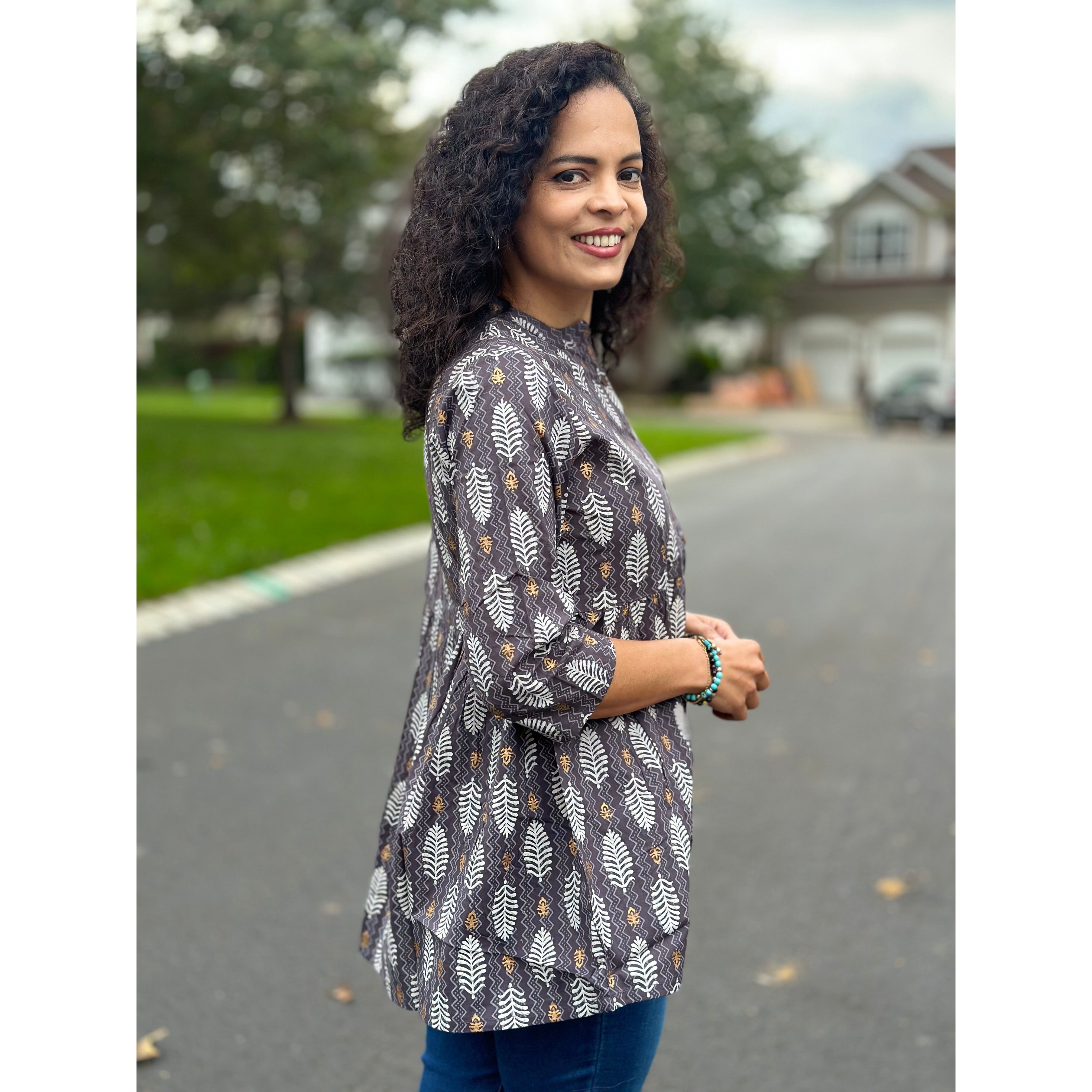Stylish Grey and White Short Kurti for Women - Comfortable Cotton Summer Tunic Top - Perfect for Casual Wear, Parties & Festivals