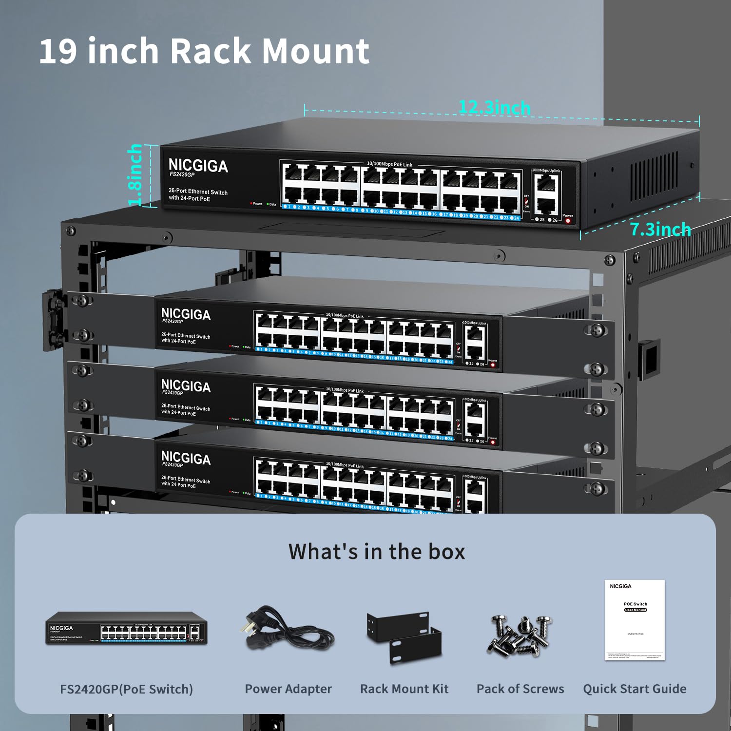 24 Port PoE+ Unmanaged Switch with 320W Power Budget, 2 Gigabit Uplink Ports & VLAN Support - 250m Extend Range, 19