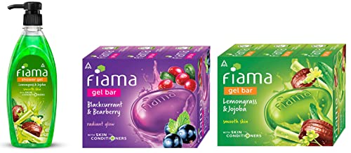 Fiama Shower Gel Set - Lemongrass & Jojoba Body Wash (500ml Pump) + Blackcurrant Bearberry & Lemongrass Jojoba Soap Bars (125g x 6) | Hydrating Skin Care for Men & Women | Perfect for Daily Shower, Spa Day & Travel