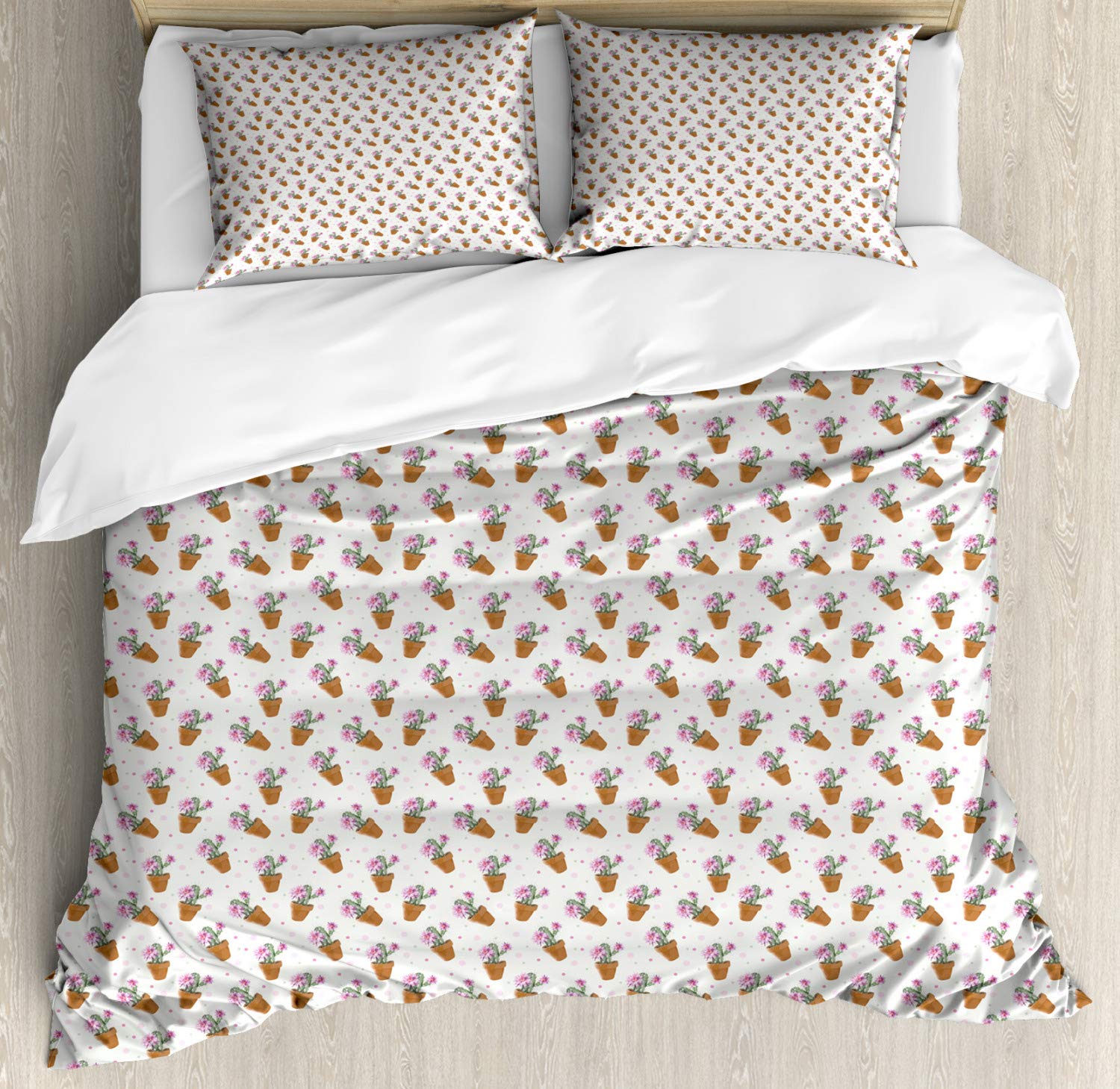Ambesonne Succulent Duvet Cover Set - Exotic Cactus Plants with Pink Blossoms & Dots in Flower Pots, 2-Pack Queen Size Bedding Set with 2 Duvet Covers & 4 Pillowcases, Green Pink Pale Brown - Perfect for Boho Bedroom Decor & Plant Lover's Home