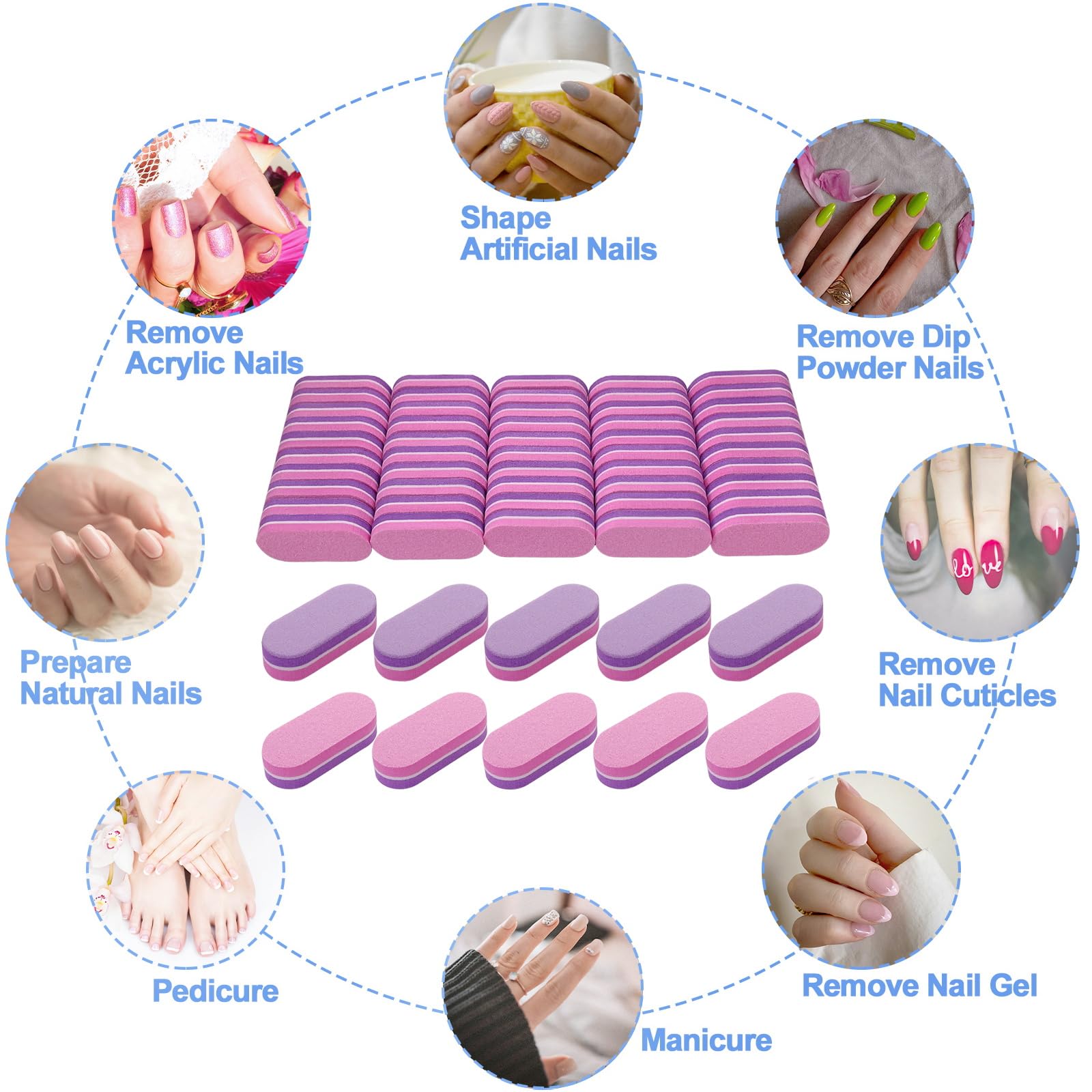 50 Pack Mini Nail Buffers - 100/180 Grit Nail File Blocks for Acrylic & Natural Nails | Professional Manicure Buffing Tools for Salon & Home Use (Purple/Pink) - Perfect for Nail Prep, Shaping & Polishing