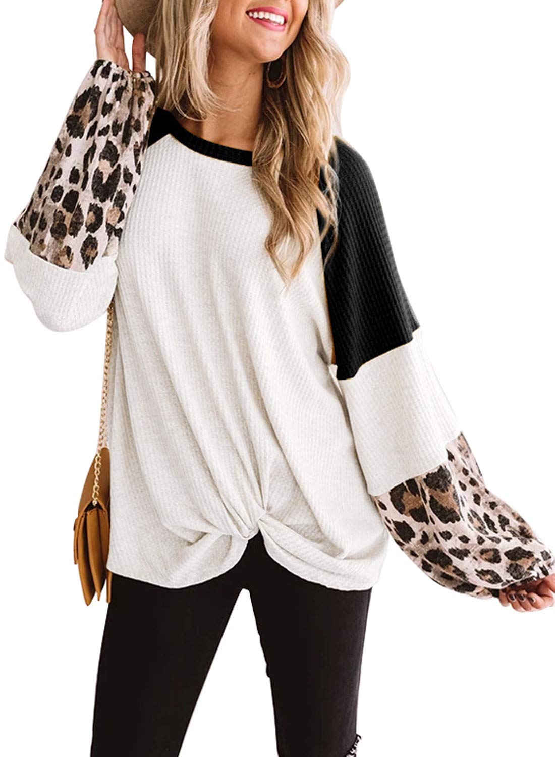 ROSKIKI Women's Casual Leopard Print Long Sleeve Tunic Top - Waffle Knit Orange Blouse with Twist Knot Detail, Loose Fit Shirt for Work, Date Night & Fall Outfits