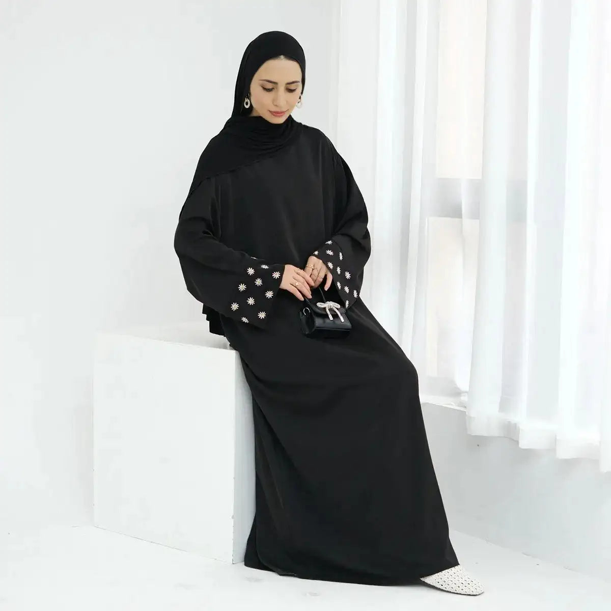 Elegant Daisy Embroidery Nida Abaya Dress for Women - Modest Islamic Fashion for Prayer, Eid, and Special Occasions