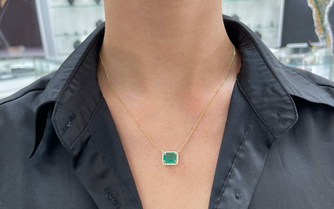 4.0tcw Natural Bluish Green Rectangle Emerald & Diamond Halo Pendant Necklace in 14K Gold - Elegant Jewelry for Weddings, Parties & Special Occasions