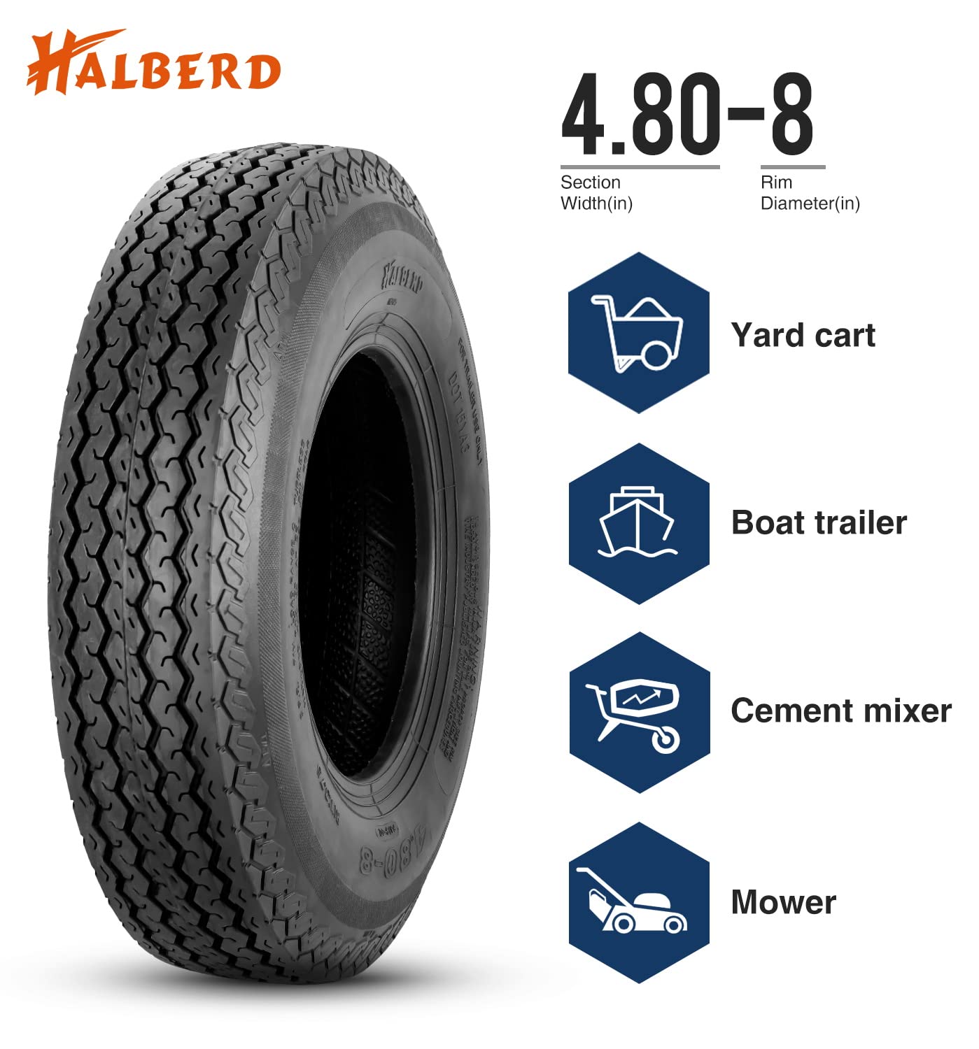 HALBERD 4.80-8 Trailer Tires 4.80x8 6PR Load Range C - Tubeless Set of 2 for Highway, Boat Trailers & Log Splitters - Durable Towing & Hauling Solution
