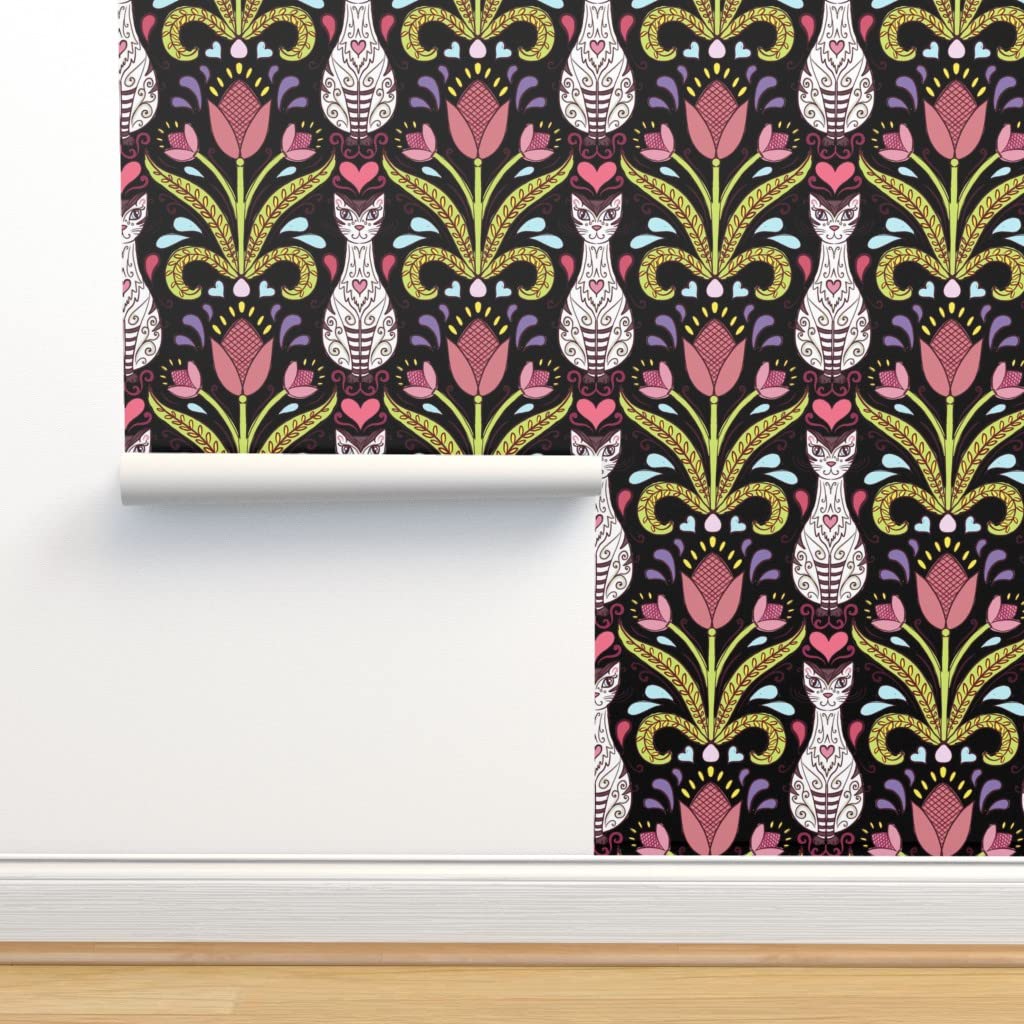 Removable Wallpaper 9ft x 2ft - Folk Art Tulips & Siamese Cats Design in Black, Pink, Retro Sage & Damask Patterns | Pre-Pasted Peel & Stick Wallpaper by Spoonflower | Perfect for Bedrooms, Living Rooms & Home Decor