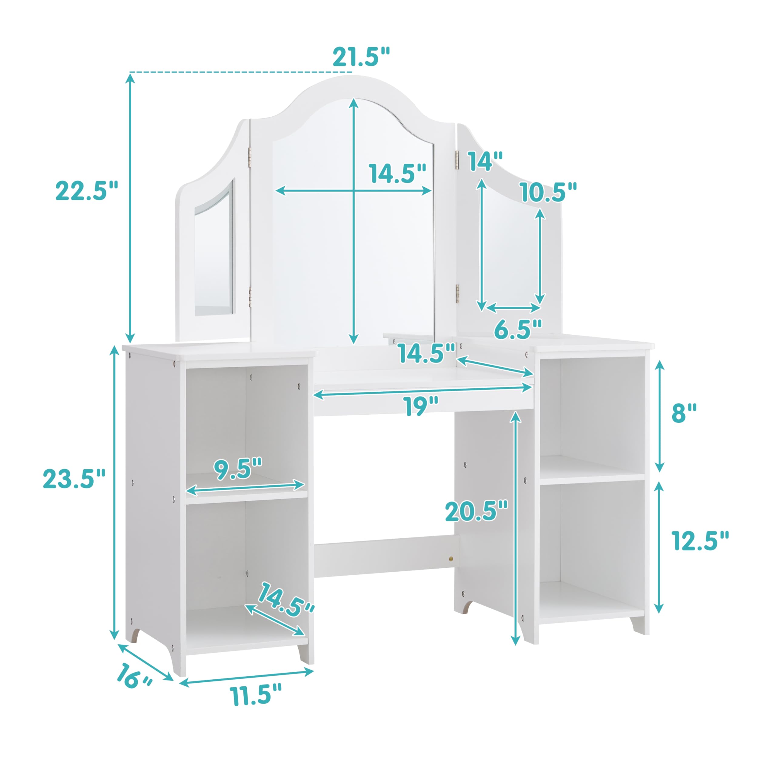 2 in 1 Kids Vanity Set - Princess Makeup Table with Open Storage & Detachable Tri-fold Mirror for Girls Ages 3-9 | Pretend Play Dress Up Station for Bedroom, Birthday Gift (White)