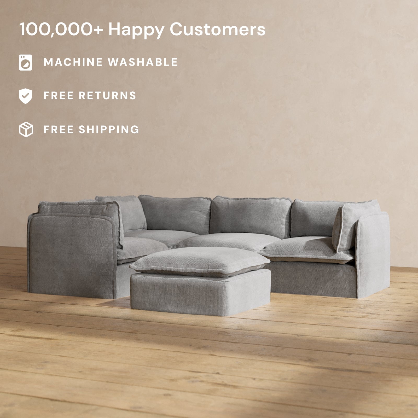 Modular Performance 4-Seater Corner Sectional Sofa with Ottoman in Ash Gray | Relaxed Blend Fabric | Perfect for Living Room, Family Room & Home Theater