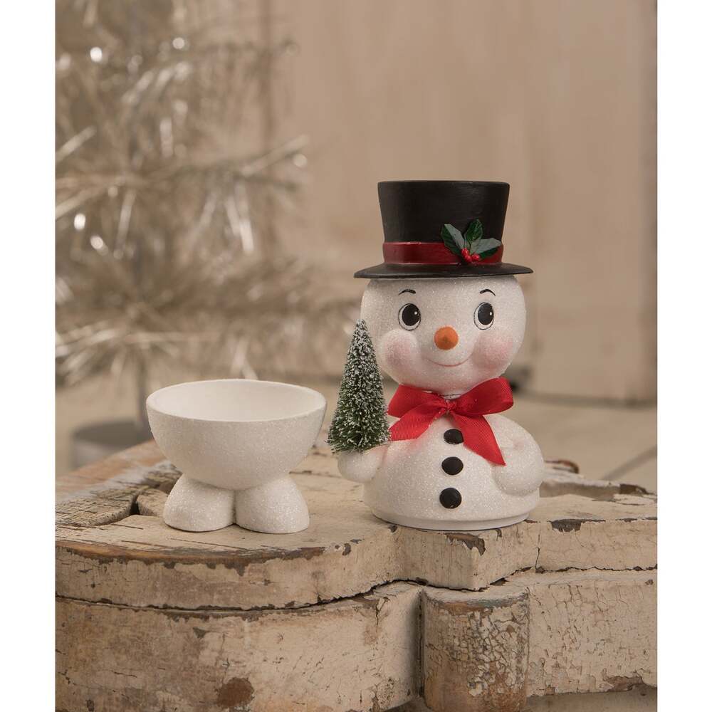 Bethany Lowe Designs Bobblehead Snowman Container - Christmas Decor, Holiday Gift, Winter Home Decor for Mantel, Tabletop & Shelf Display